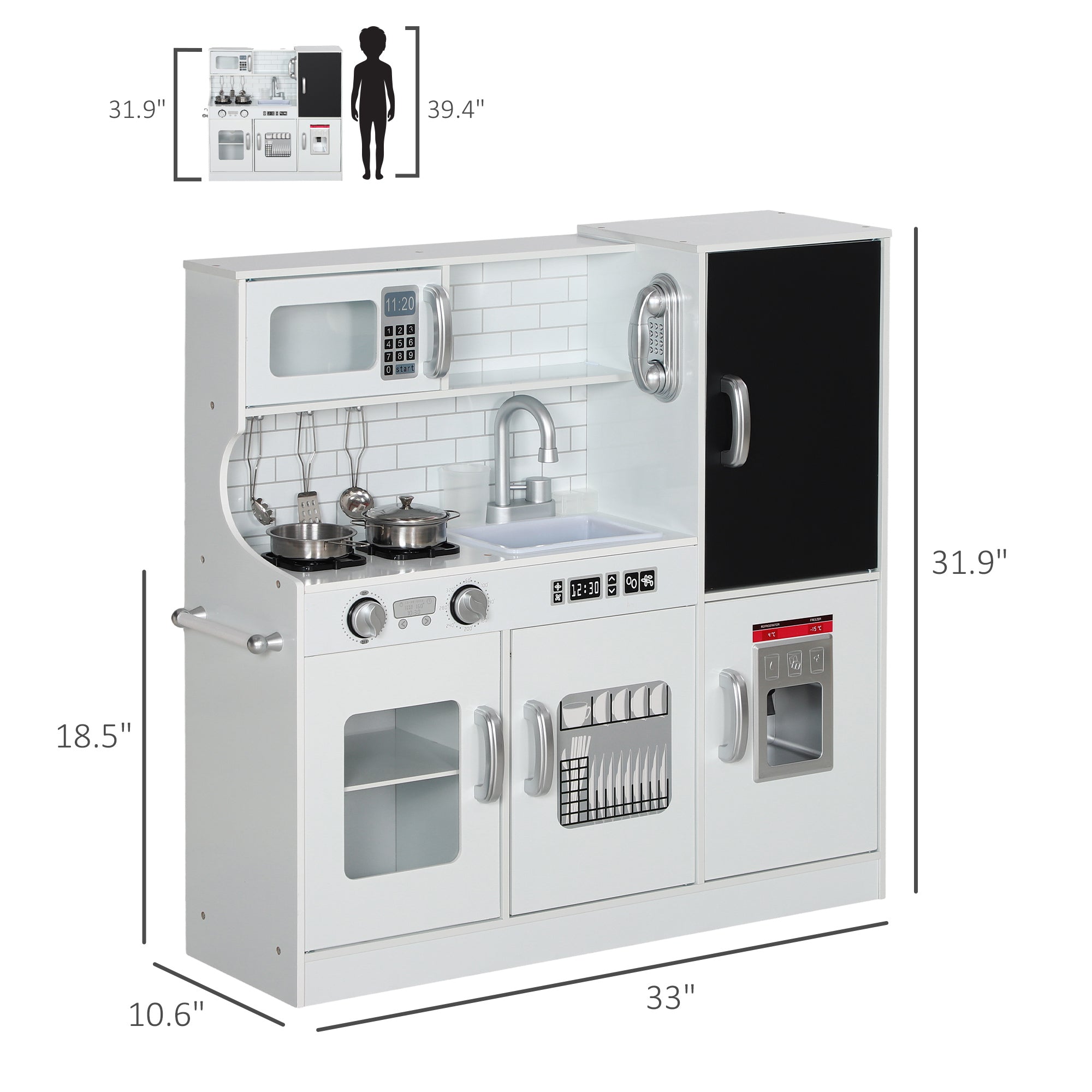 Pretend Play Kitchen, Kids Kitchen Playset with Play Phone, Chalkboard, Towel Rack & Ice Maker for 3-8 Years White