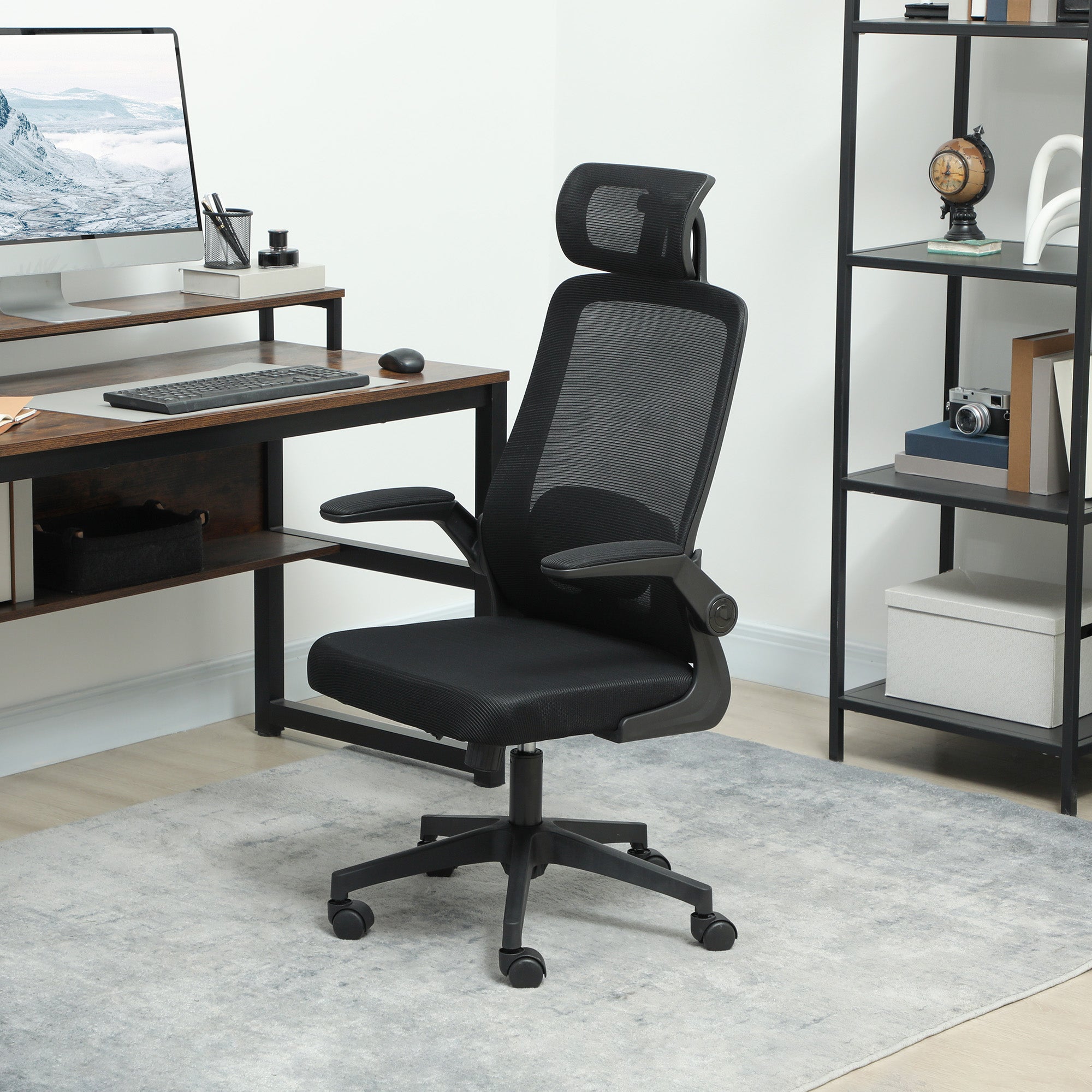 Mesh Office Chair, Ergonomic Desk Chair with Flip-up Armrest, Rotatable Headrest, Adjustable Lumbar Support, Black