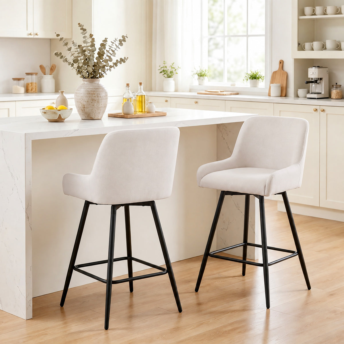 Kitchen Island Chairs Counter Height Bar Stools with Swivel Linen Seat and Footrest, Cream White