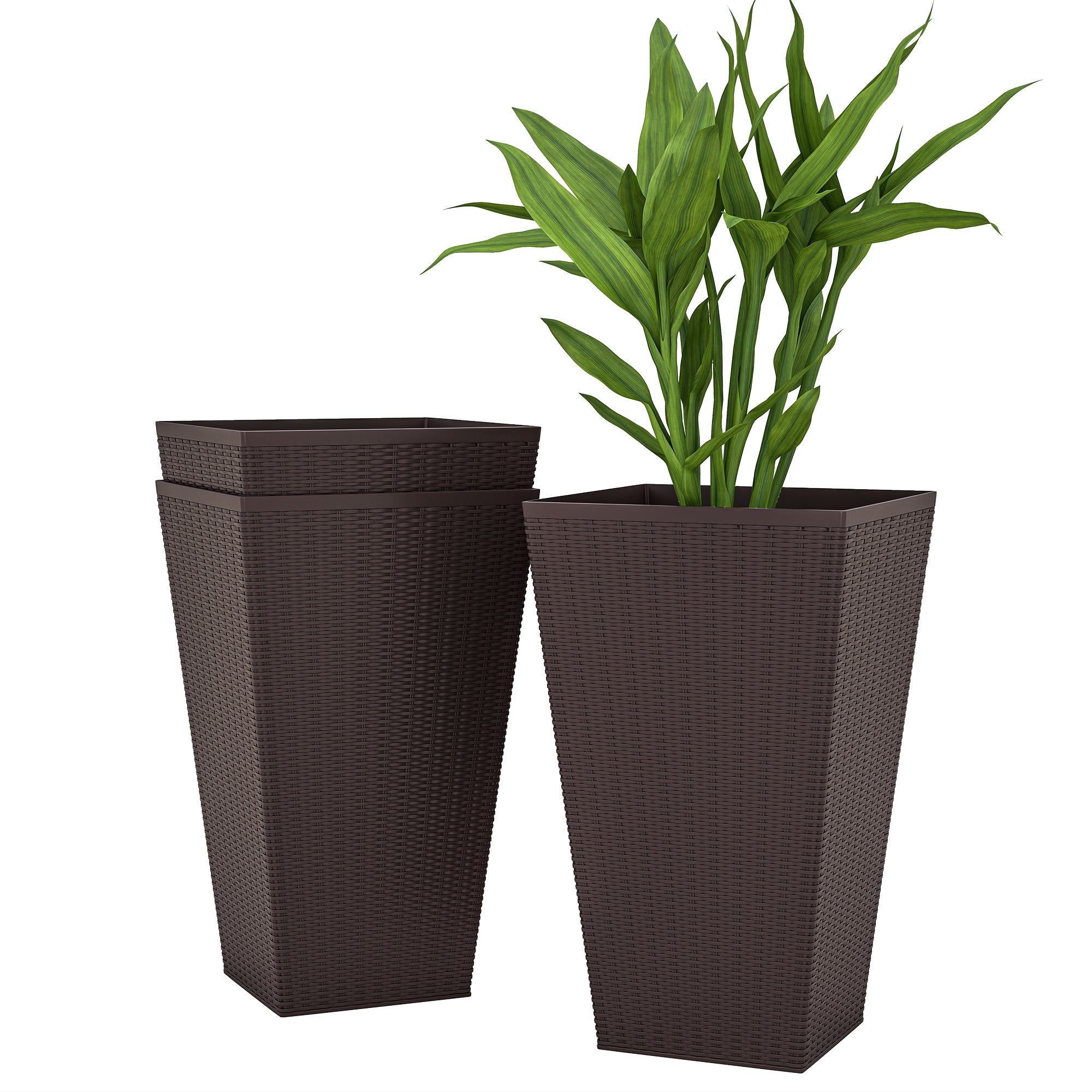 Set of 3 Tall Planters with Drainage Hole, 24" Outdoor Flower Plant Pots, Indoor Planters for Porch, Front Door, Entryway, Patio and Deck, Brown - Brown