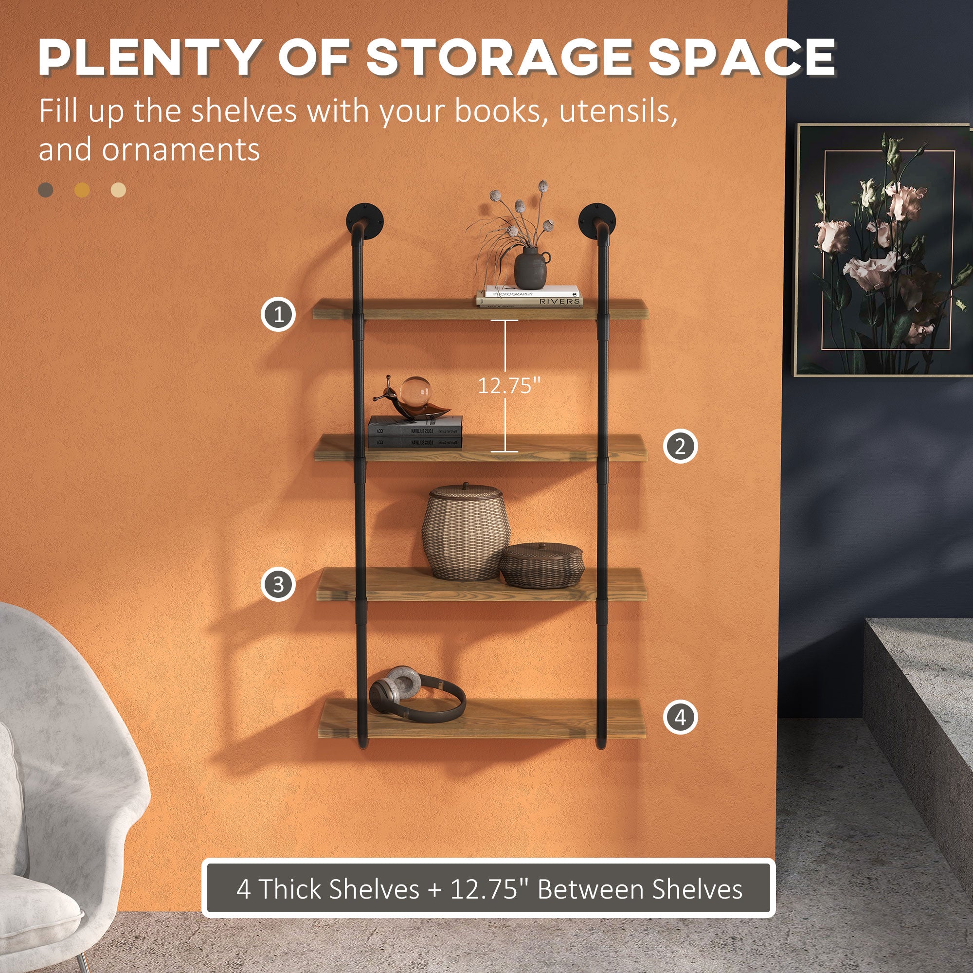 4-Tier Industrial Pipe Shelves Floating Wall Mounted Bookshelf, Metal Frame Display Rack, 1" Thickness Shelving Unit for Farmhouse, Kitchen, Bar, Rustic Brown