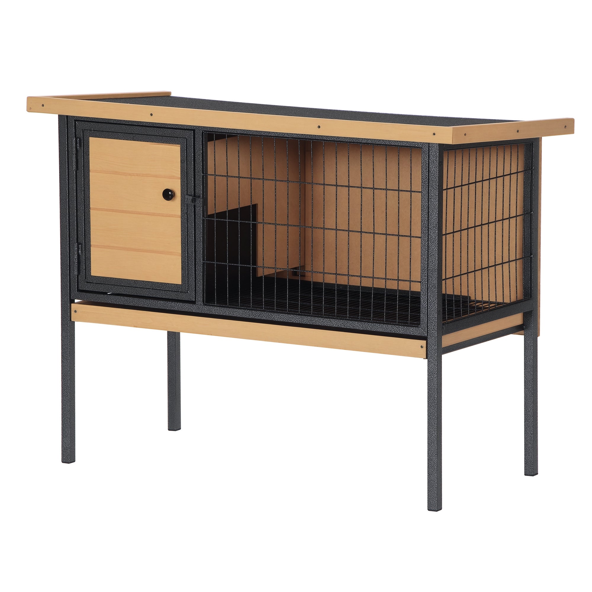 Rabbit Hutch Elevated Bunny Cage Small Animal Habitat with Metal Frame, No Leak Tray, Metal Wire Pan, Openable Water-Resistant Asphalt Roof for Rabbits, Chickens, Ducks, Indoor/Outdoor Natural - Natural Wood, Black