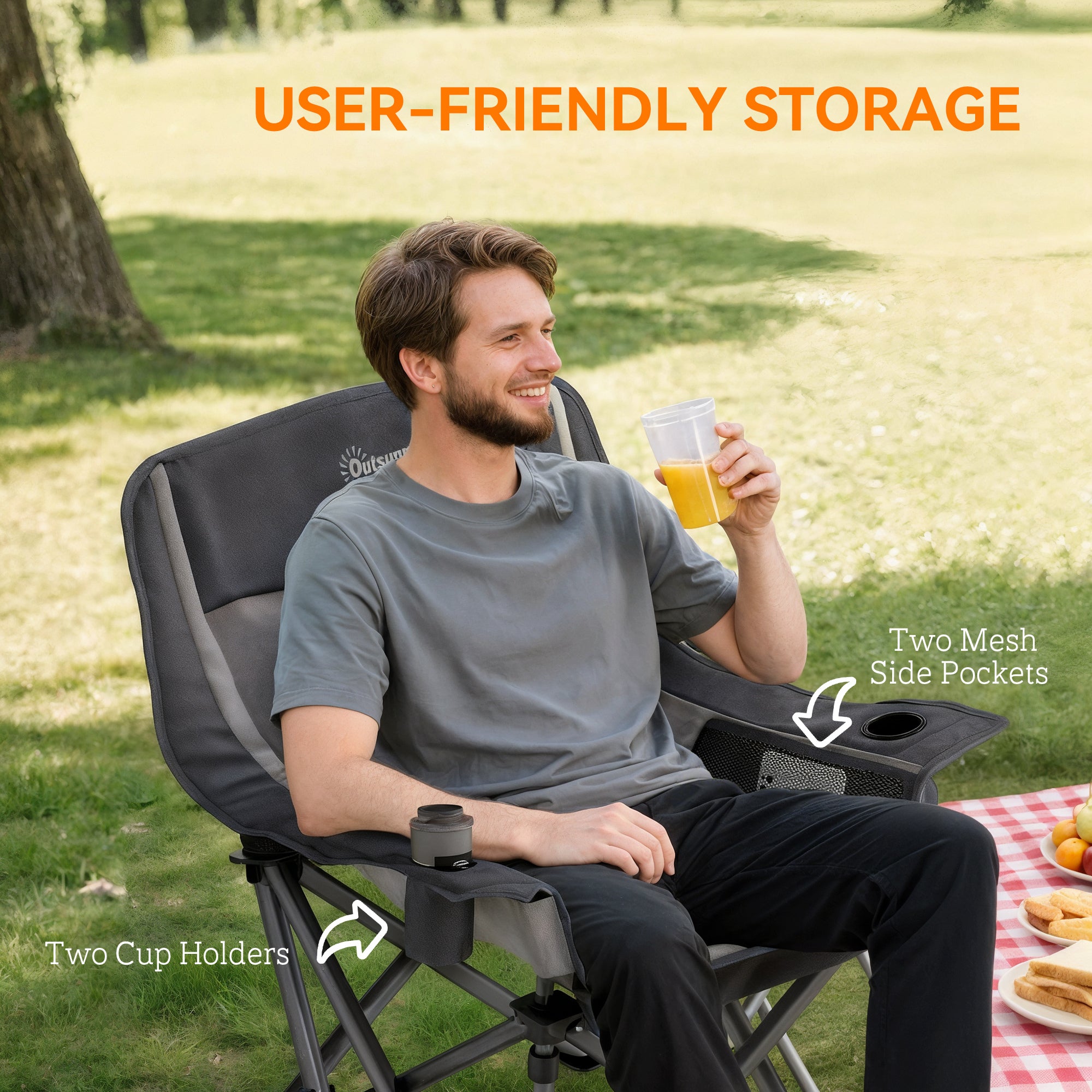 Camping Chair for Adults, Portable Folding Camping Chair with Side Pockets, Cup Holders, Carry Bag, Black and Gray