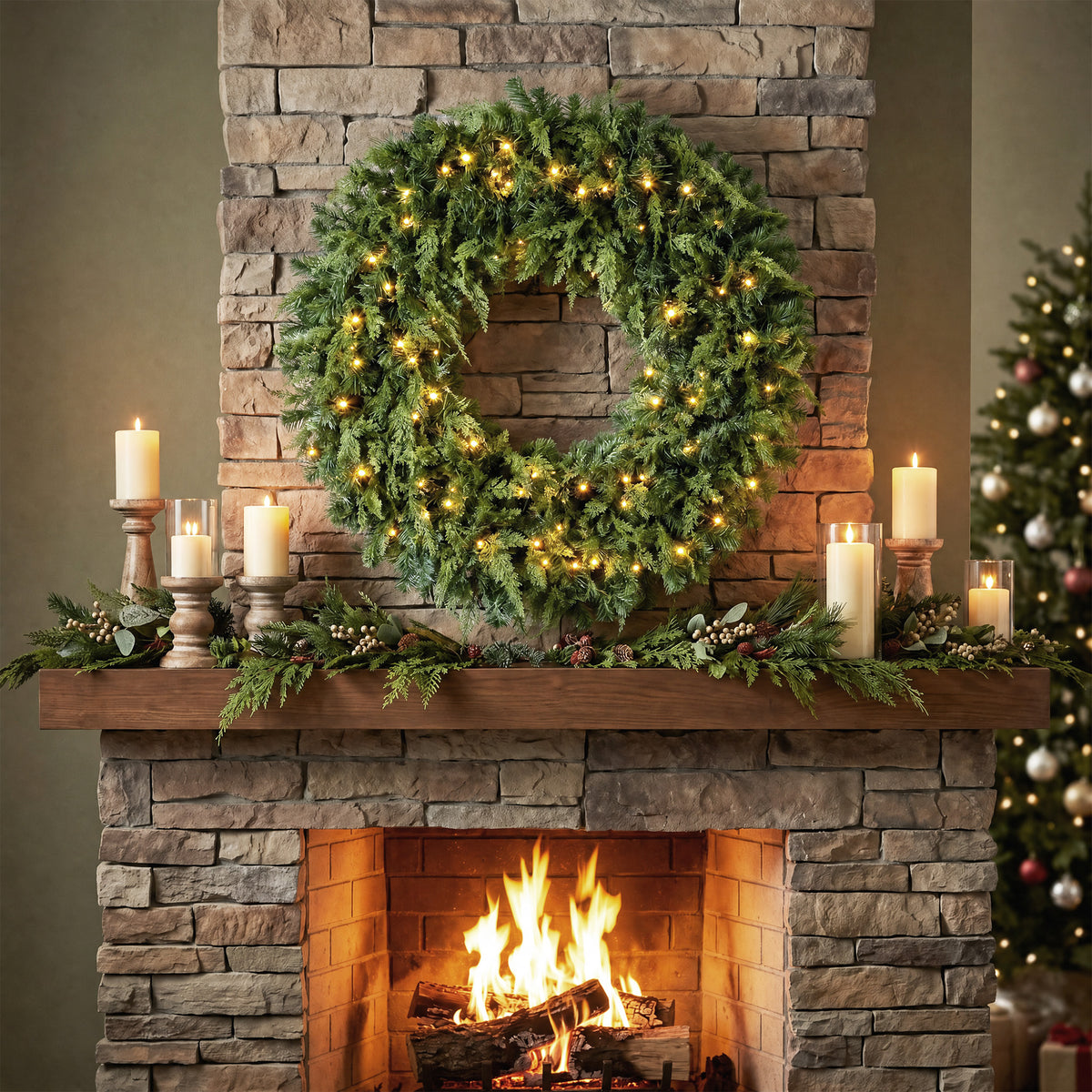 36" Prelit Crestwood Spruce Artificial Christmas Wreath, Christmas Decor with Bow, LEDs, 8 Modes, Realistic Tips