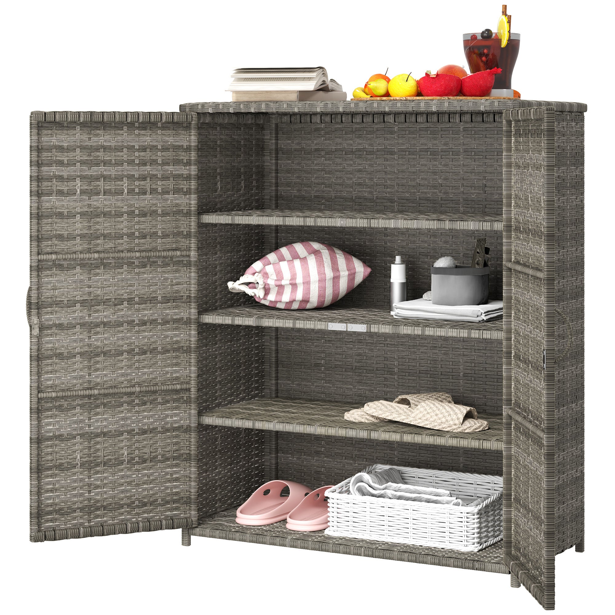 Rattan Wicker Outdoor Storage Cabinet with 4 Shelves and 2 Doors for Garden Pool Towel Storage, Mixed Gray - Mixed Gray