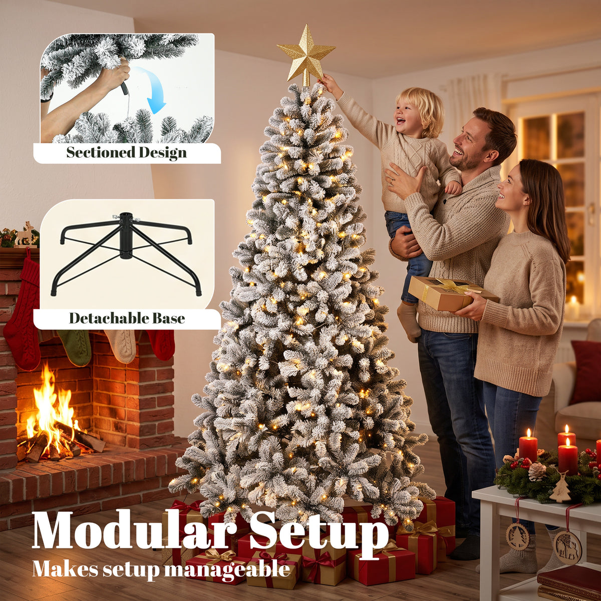 7.5ft Flocked Prelit Christmas Tree, Northern Pine, Artificial Xmas Tree with Curved Tips, LEDs