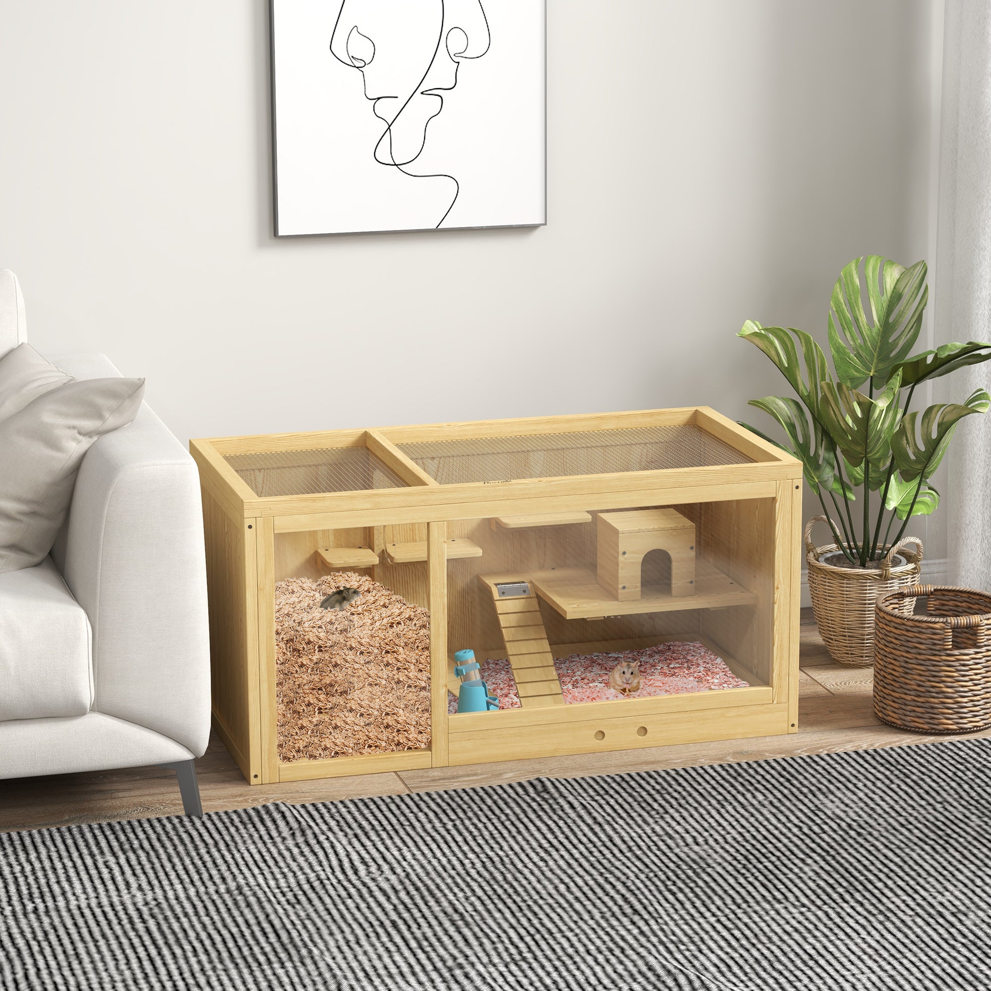 Extra Large Wooden Hamster Cage with Pull-out Tray, Seesaws, Ladder - Natural wood finish - Image 2