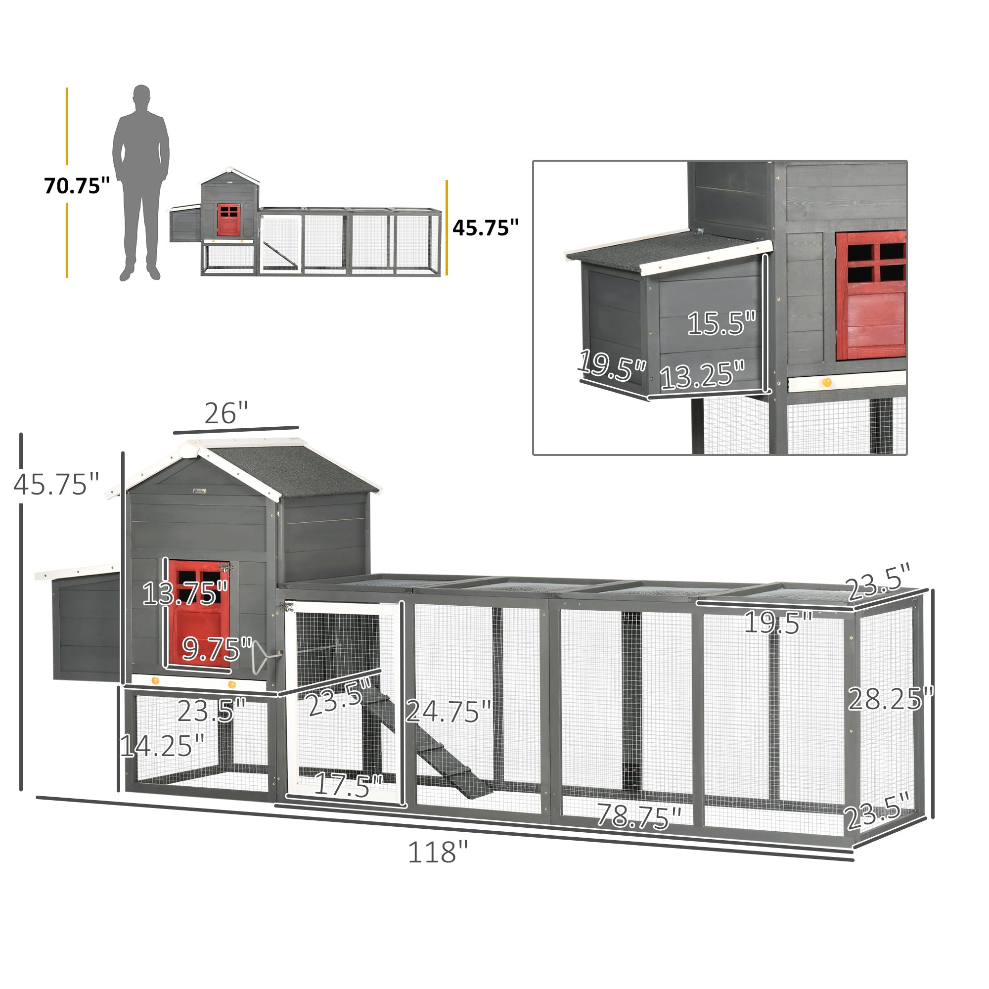 118" Extra Large Chicken Coop with Asphalt Roof, Wooden Hen Run with Slide-Out Tray and Nesting Box, Chicken Hutch for 3-6 Chickens, Gray - Gray - Image 3