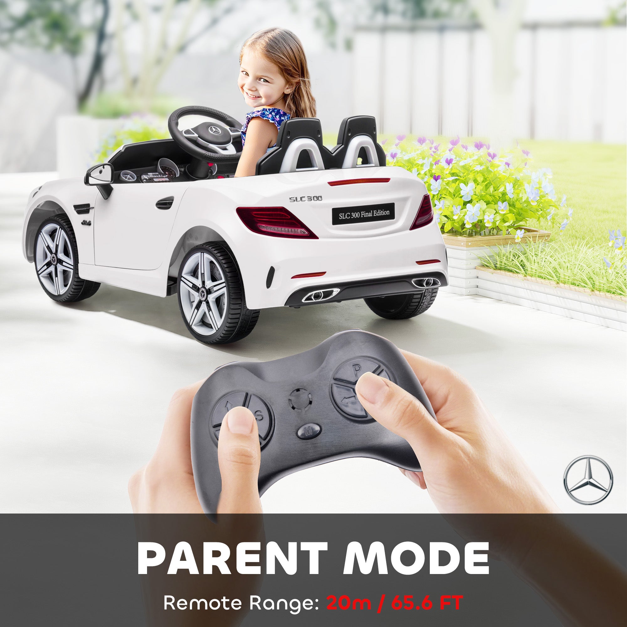 Mercedes SLC 300 Licensed Kids Electric Car with Remote Control, 12V Battery Powered Kids Ride on Car with Music, Lights, Suspension for 3-6 Years Old, White