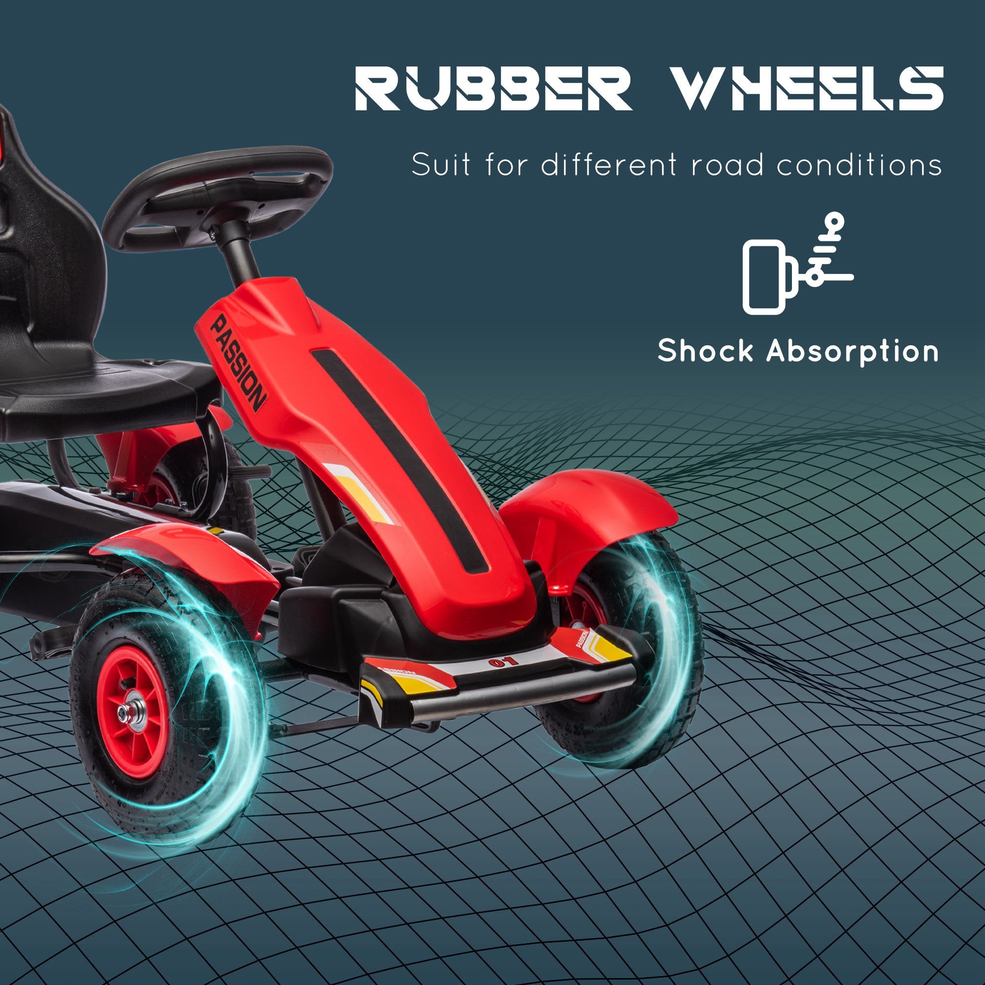 Kids Pedal Go Kart W/ Adjustable Seat, Rubber Wheels, Red