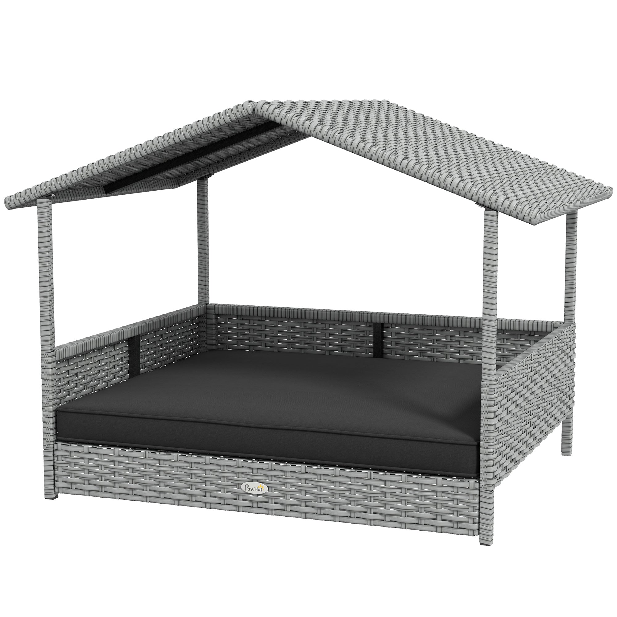 Wicker Dog House Outdoor with Canopy, Rattan Dog Bed with Water-resistant Cushion, Raised Pet Bed for Small, Medium Breeds up to 66 lbs, 20" in Length, Silver Wicker, Gray Cushion - Gray