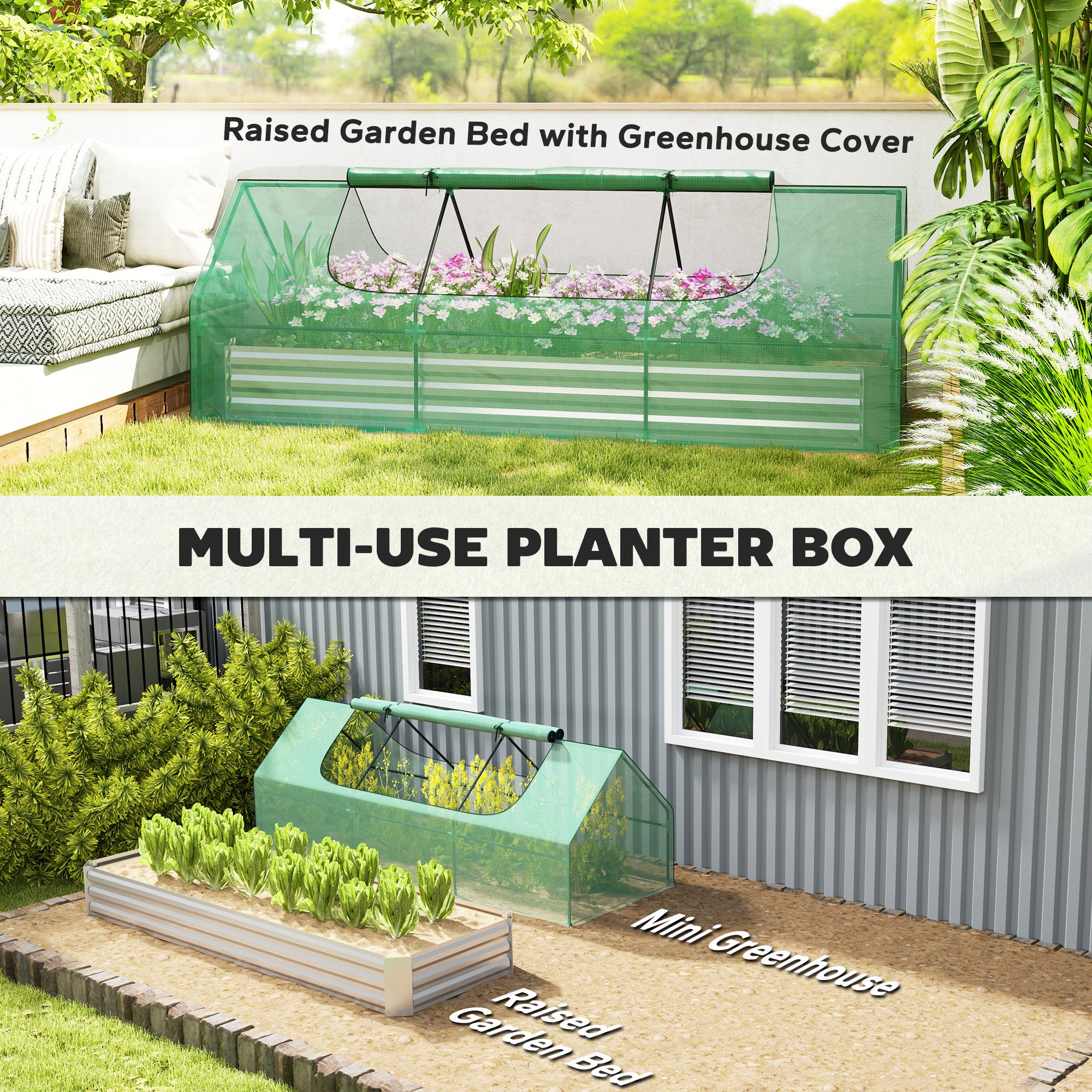 8.6 x 3 x 1ft Raised Garden Bed with Mini Greenhouse, Galvanized Raised Garden Bed with Cover for Herbs and Vegetables, Small Greenhouse for Patio Garden Balcony, Green and Silver - Green - Image 4