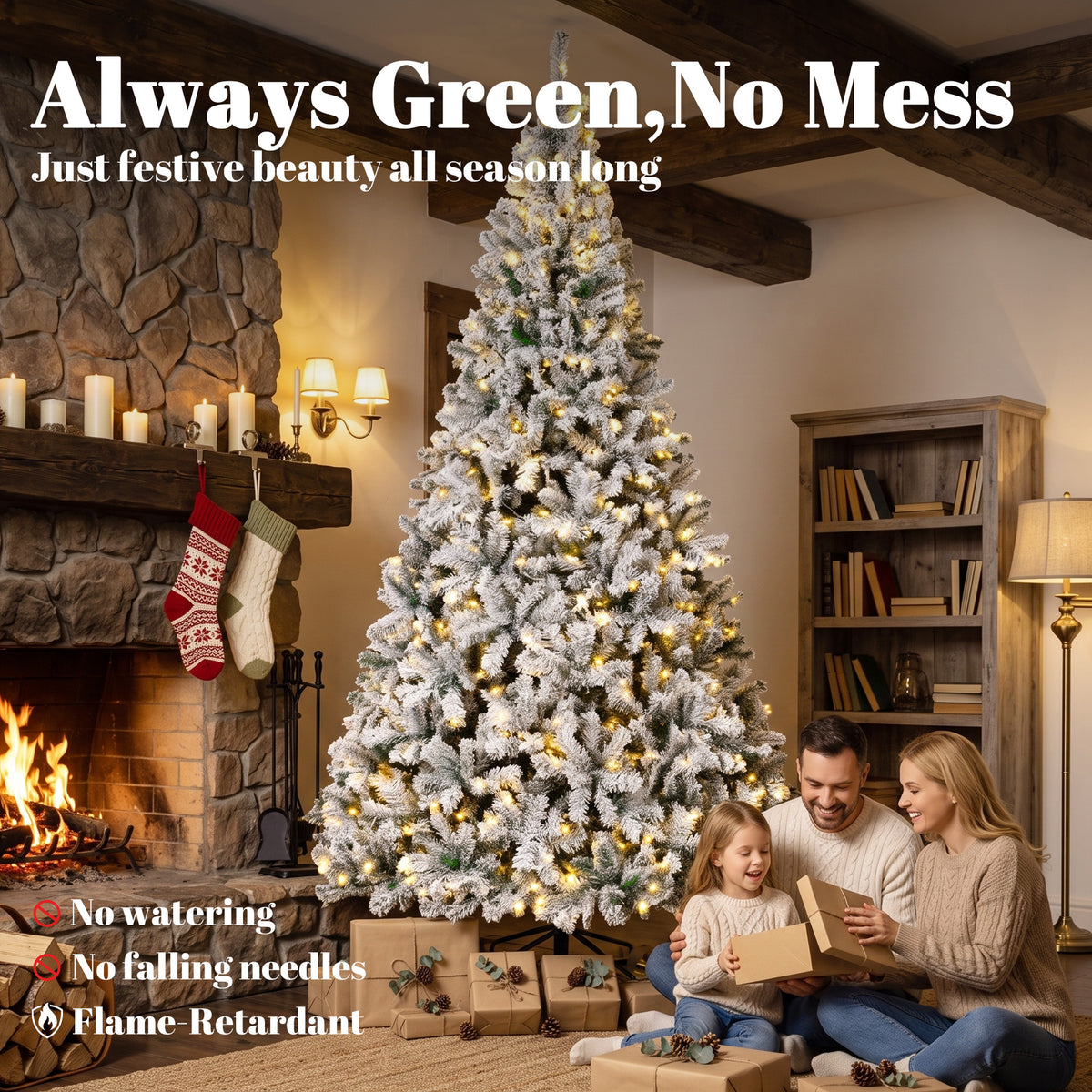 9ft Flocked Prelit Christmas Tree, Fraser Fir, Hinged Xmas Tree with LEDs, Foldable Metal Base, Green White