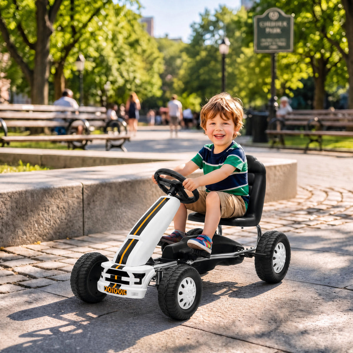 Lightweight Pedal Go Kart with Steering Wheel, Go Cart Ride on Toy with Adjustable Seat for 3+ Years, White