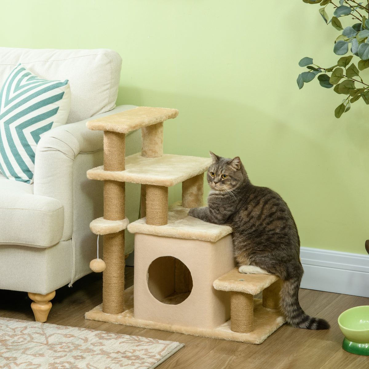 Adjustable Height 3 Step/4 Step Cat Stairs w/ Jute Cat Scratching Post, Cat Condo, Toy Ball, for Bed, Sofa, Couch, Beige