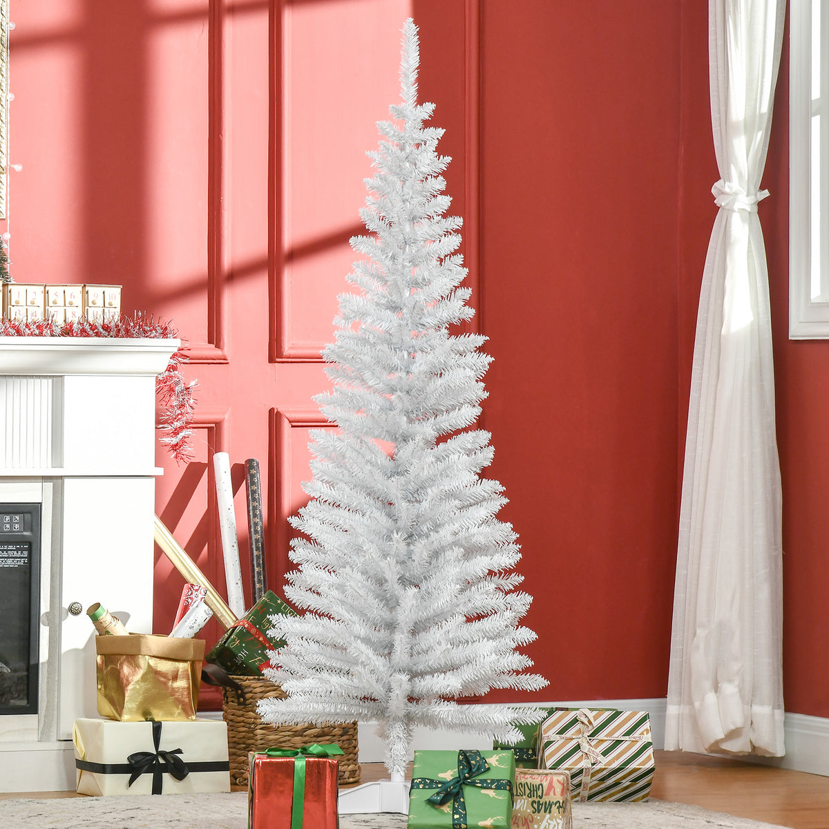 5' Artificial Pencil Christmas Tree, Slim Xmas Tree with 294 Realistic Branch Tips and Plastic Stand, White