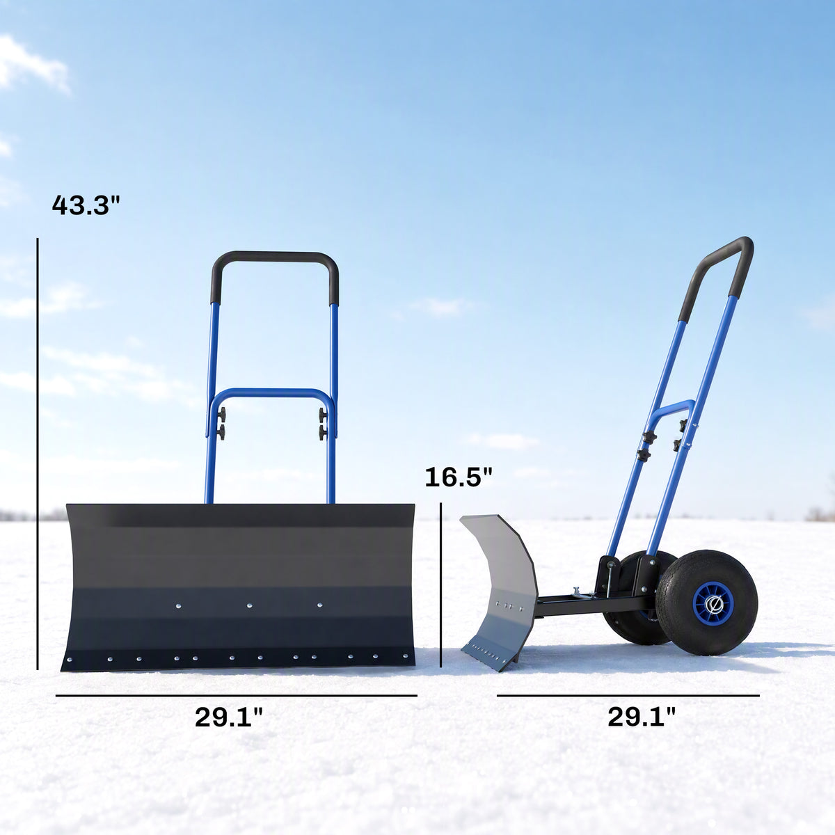 Snow Shovel with Wheels, 29" x 16.5" Metal Snow Pusher with Adjustable Handle, 5-Angle Blade for Driveway, Blue