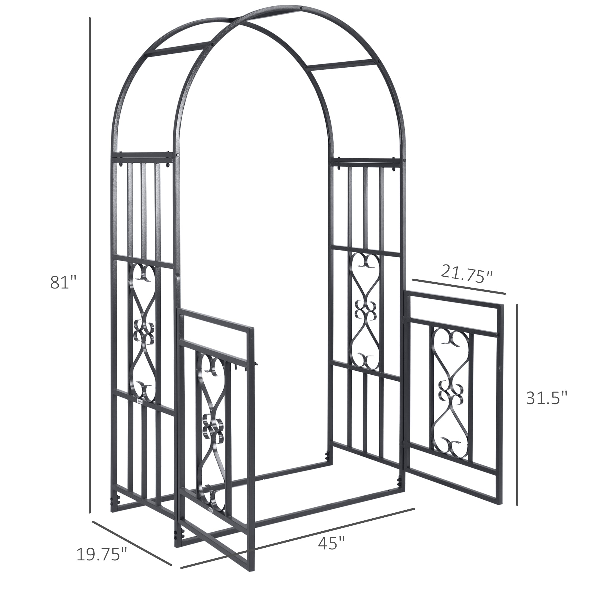 81" Metal Garden Arbor with Double Doors, Locking Gate, Climbing Vine Frame with Heart Motifs, Arch for Wedding, Bridal Party Decoration, Grey - Black - Image 3