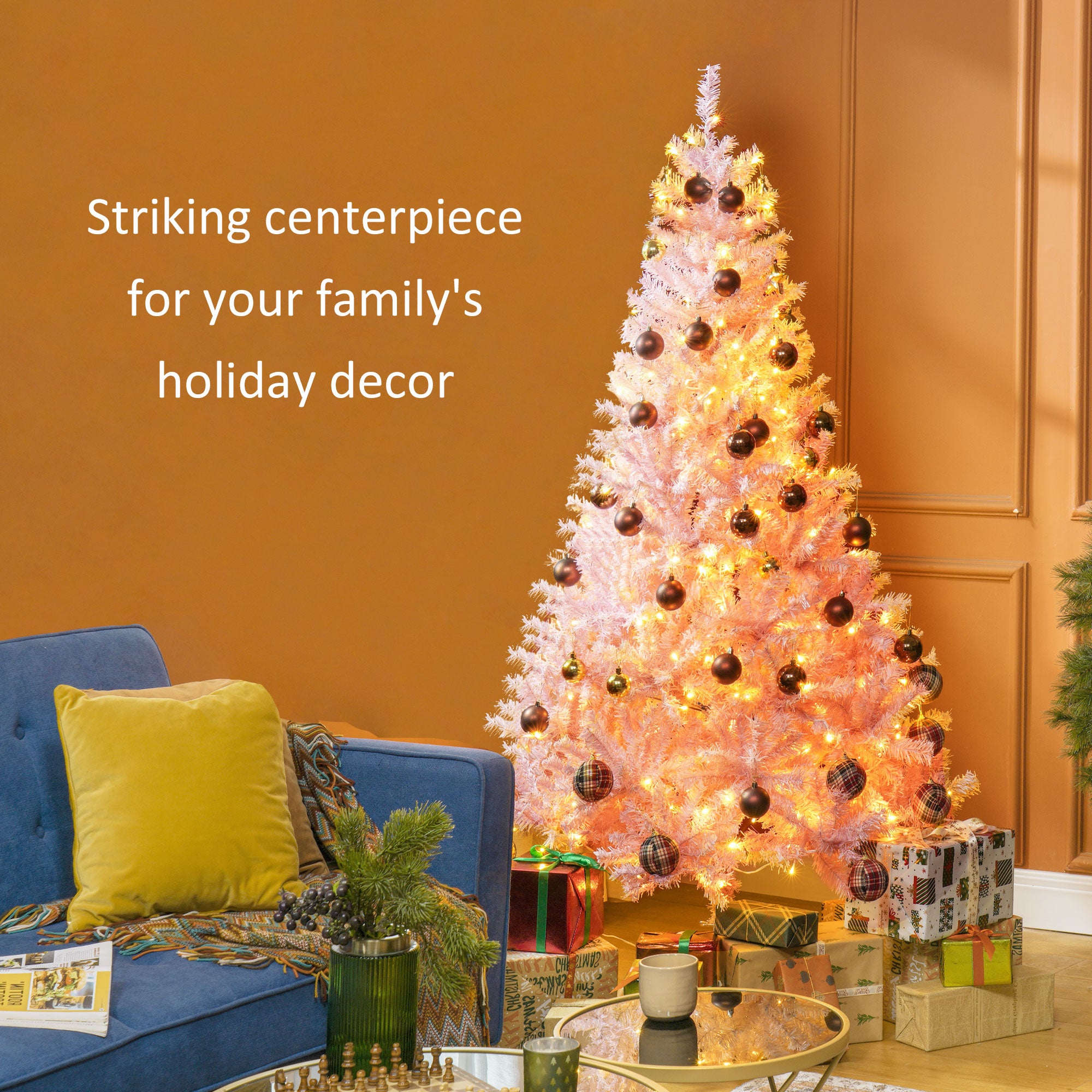 6 FT Tall PreLit Artificial Christmas Tree with Realistic Branches, 250 Warm White LED Lights and 1000 Tips, Pink