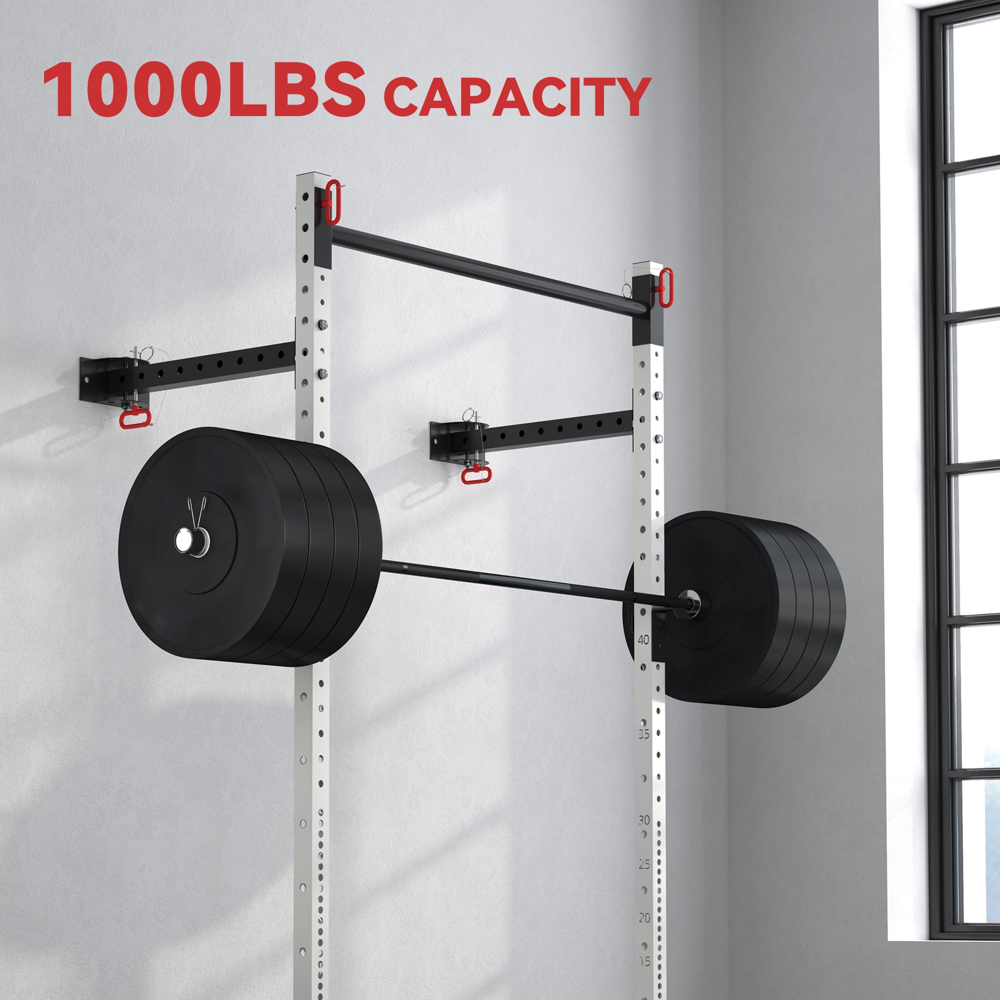 Folding Squat Rack with Pull Up Bar, Wall Mounted and Adjustable, 1000 Pounds Capacity Power Rack, White