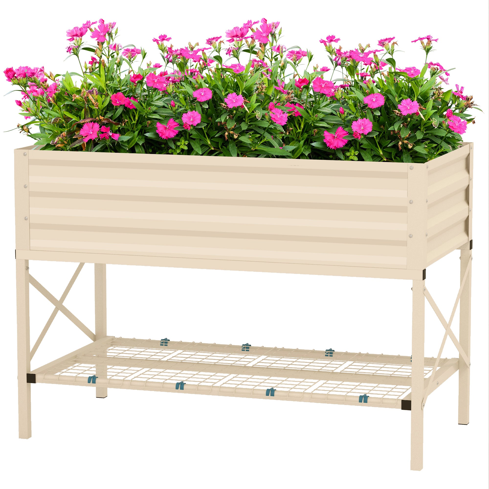 Galvanized Raised Garden Bed, Metal Planter Box with Legs, Storage Shelf and Bed Liner, Cream - Cream White