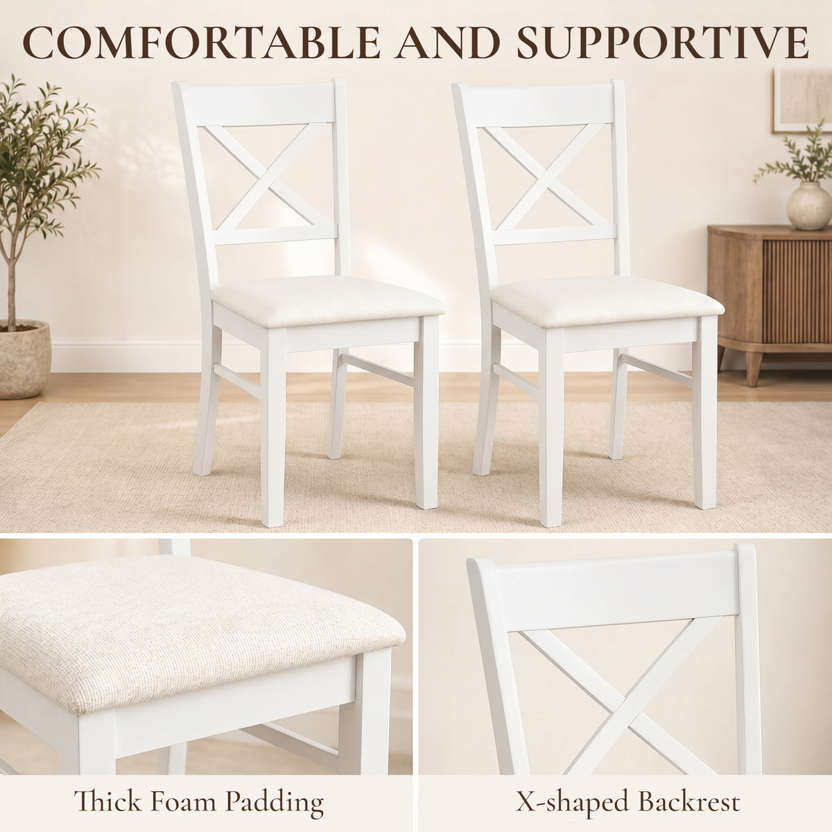 Dining Chairs Set of 2, Upholstered Kitchen Chairs with Rubberwood Frame, Padded Seat and X-Back, White