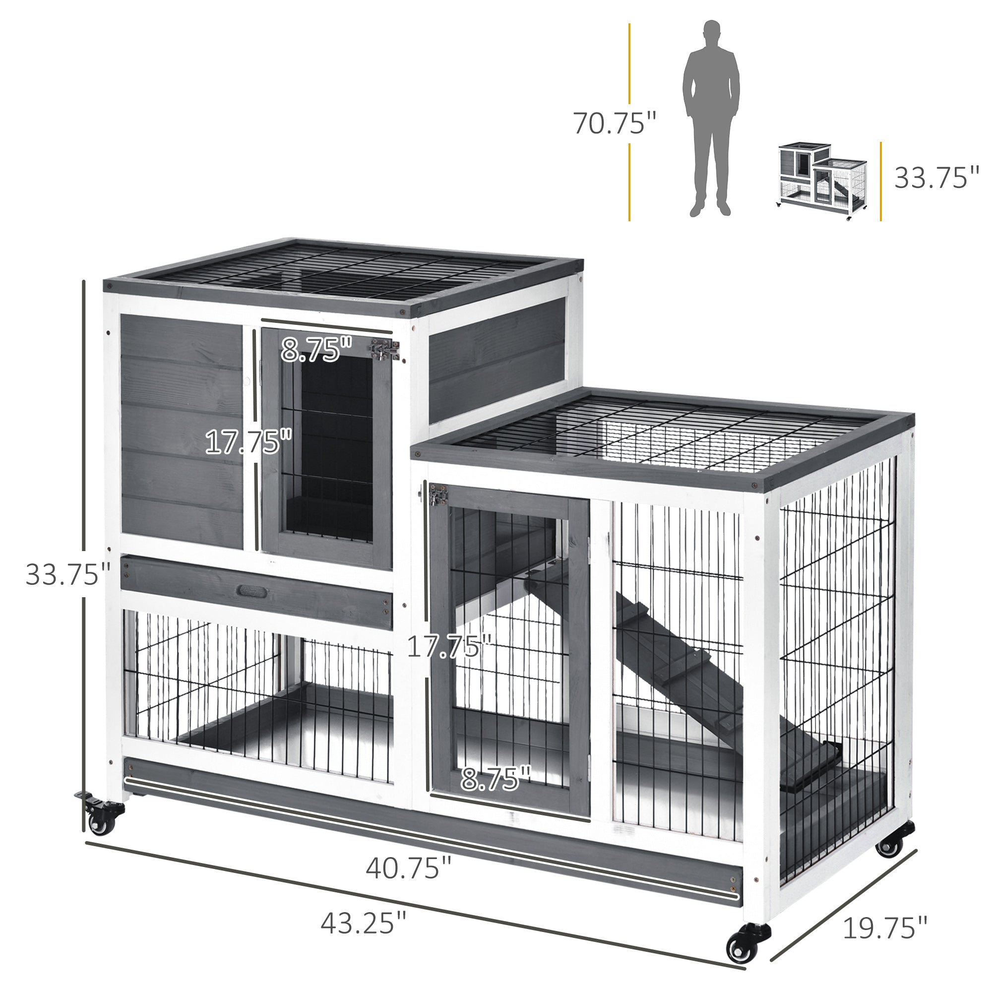 Wooden Rabbit Hutch Elevated Bunny Cage Indoor Small Animal Habitat with Enclosed Run with Wheels, Ramp, Removable Tray for Rabbits, Chickens, Ducks, Guinea Pigs, Gray - Gray, White - Image 3