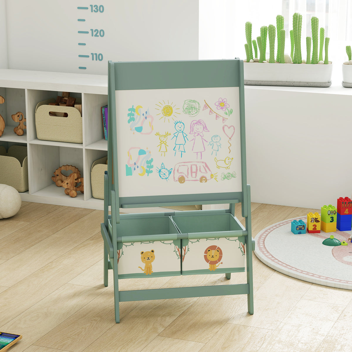 Qaba Art Easel for Kids, Double-Sided Whiteboard & Chalkboard with Paper Roll, Storage Baskets for Toddlers Ages 3-8, Green