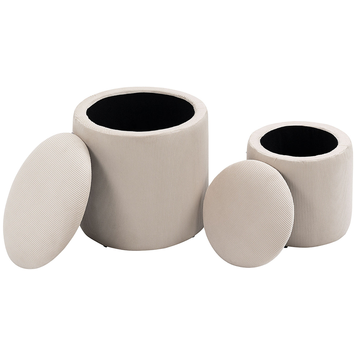 Corduroy Stool, Ottoman with Storage Set of 2, Removable Wood Lid, Hidden Space, Cream White