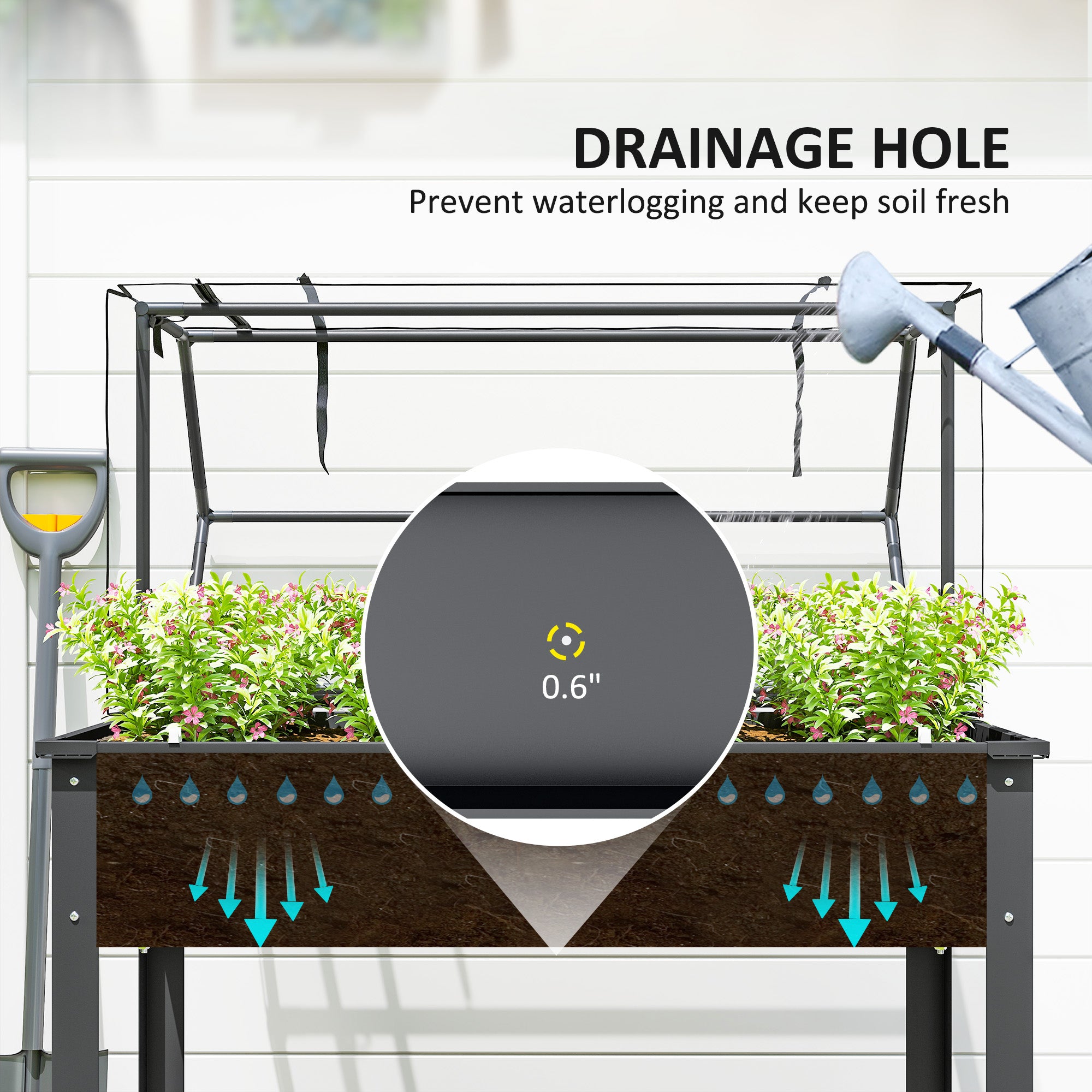 Elevated Garden Box with Greenhouse Cover, Raised Garden Bed with Legs and Drainage Hole for Vegetables, Dark Gray - Dark Gray - Image 6