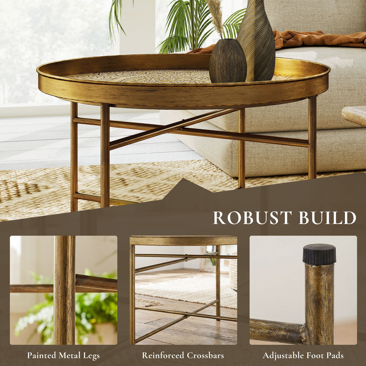 Coffee Table for Living Room, 24" Round Center Table with Hammered Tray Top and Metal Frame for Bedroom, Gold