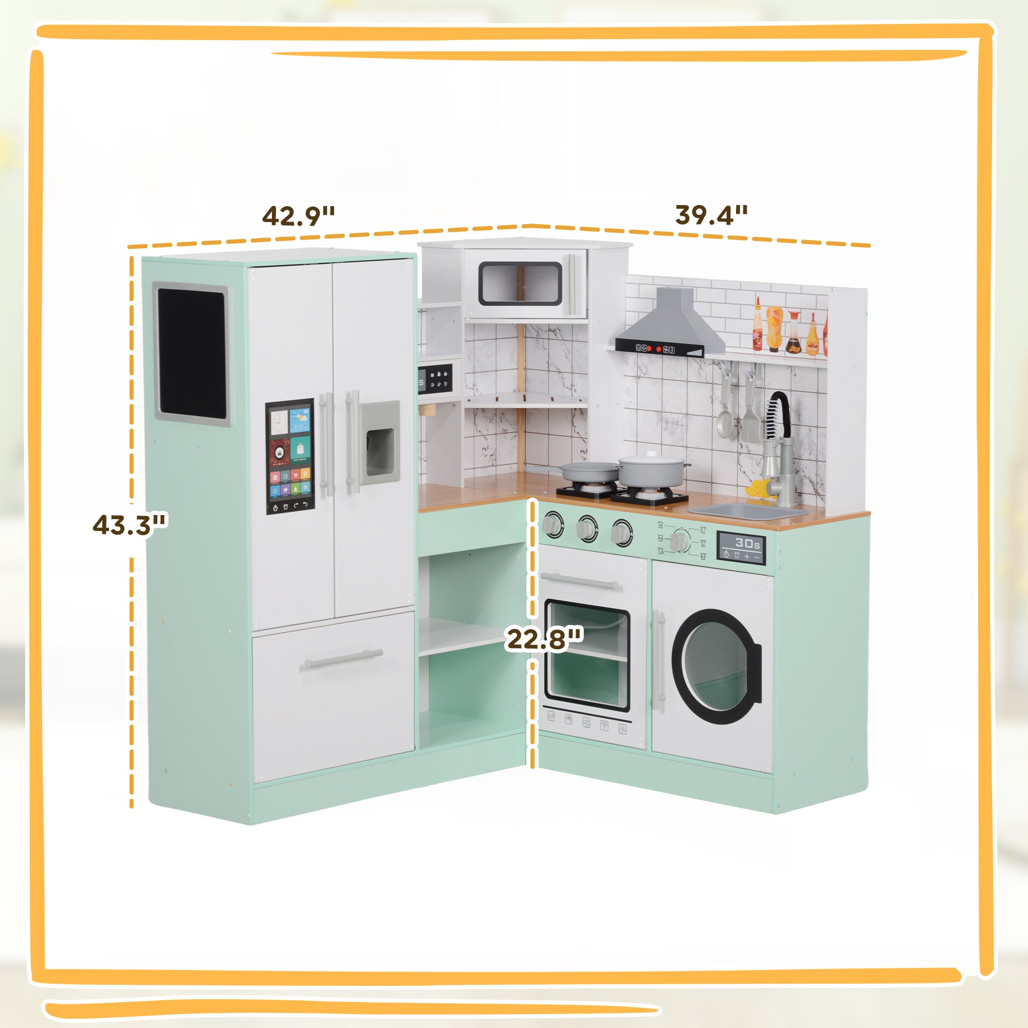 Play Kitchen, Corner Kids Kitchen Playset w/ Chalkboard, Range Hood, Ice Maker, Stove, Microwave, Sound & Lights