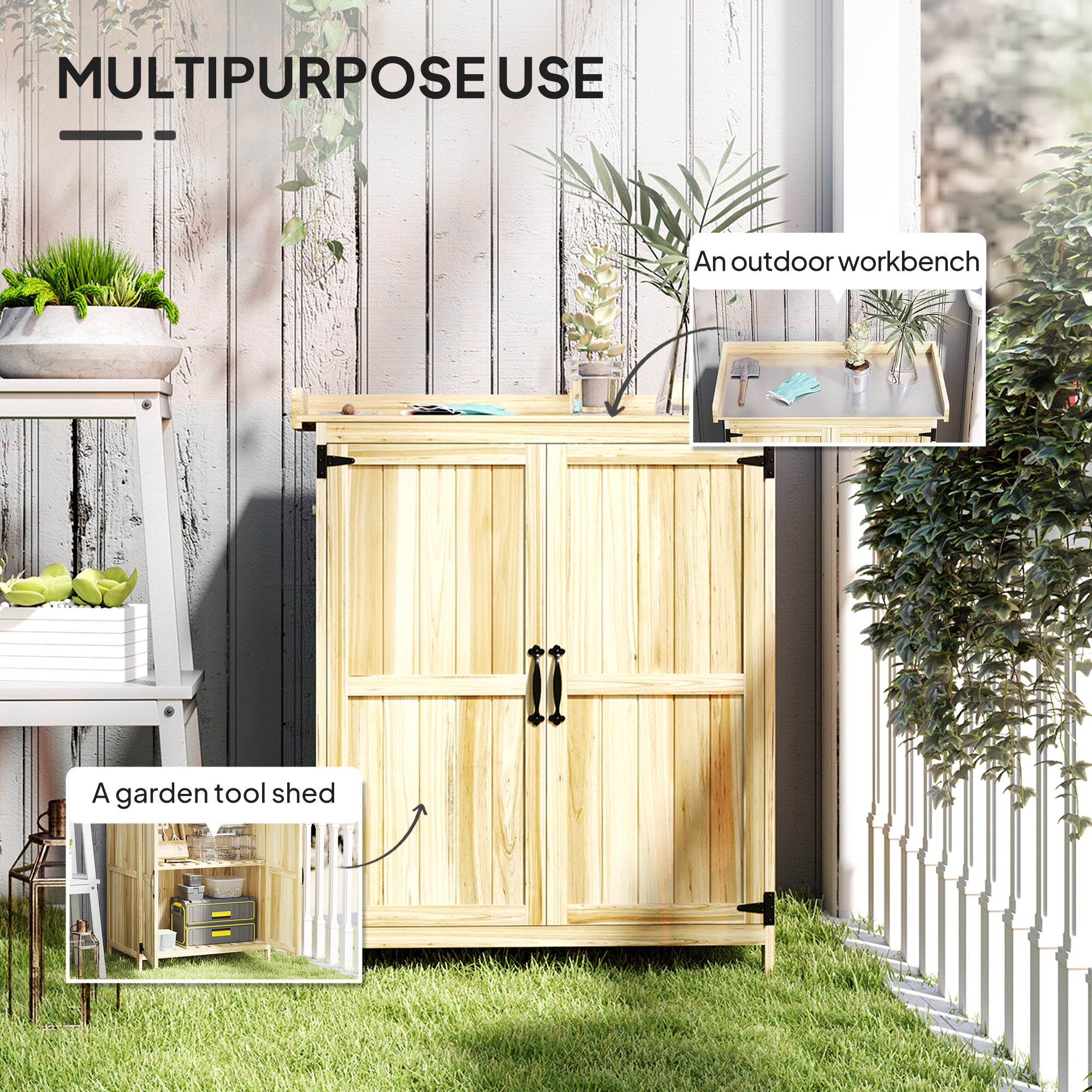 Outdoor Storage Cabinet, Garden Tool Shed with Metal Tabletop, Shelf, Wooden Potting Bench with 2 Doors, Natural Wood - Natural Wood - Image 4