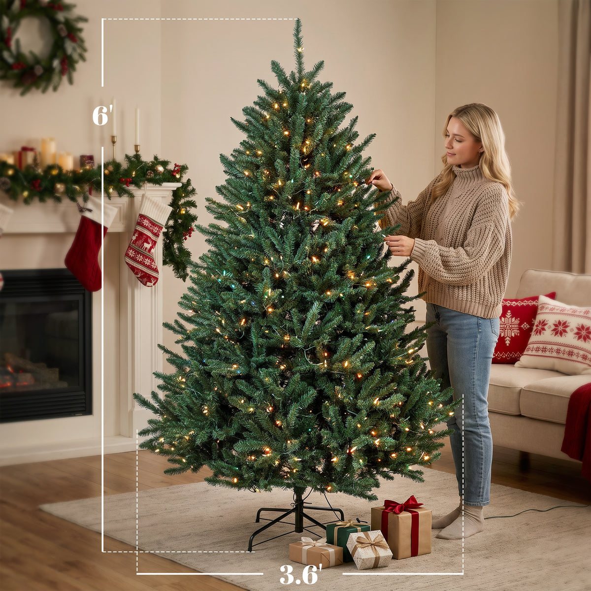 6ft Prelit Christmas Tree, Colorado Blue Spruce, Easy Plug, Hinged Xmas Tree with Warm White & Multi-Color LED Lights