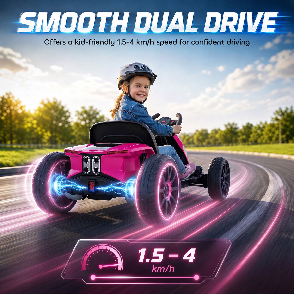 12V Electric Go Kart for Kids with Dual Motors, Adjustable Seat, Soft Start, LED Lights, EVA Wheels, for Age 3-6, Pink