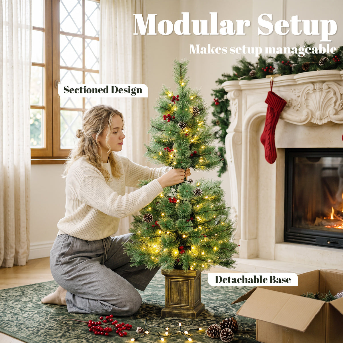 4ft Pre-Lit Artificial Christmas Tree Set of 2, Xmas Pine Trees, Dual Colors, Remote, Green