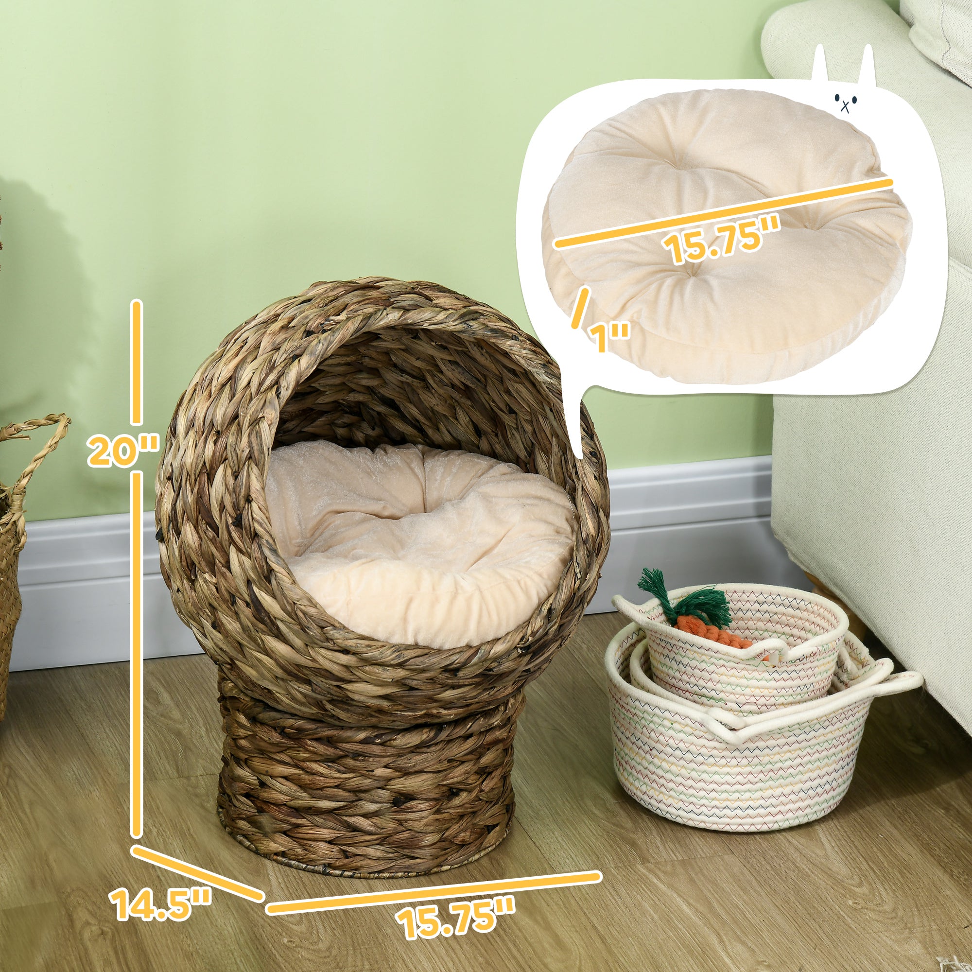 Handwoven Elevated Cat Bed with Soft Cushion & Egg Chair Shape, Basket Bed Kitty House with Stand, Raised Wicker House for Indoor Cats, 20" H, Gray - Dark Gray - Image 3