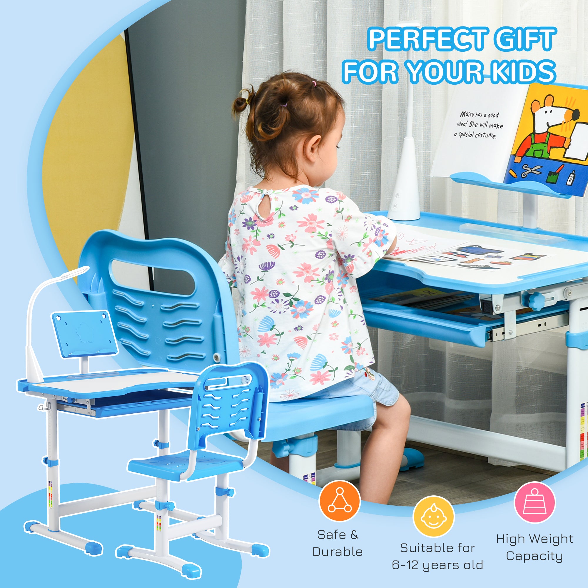 Kids Desk and Chair Set with USB Light, Storage Drawer, Blue
