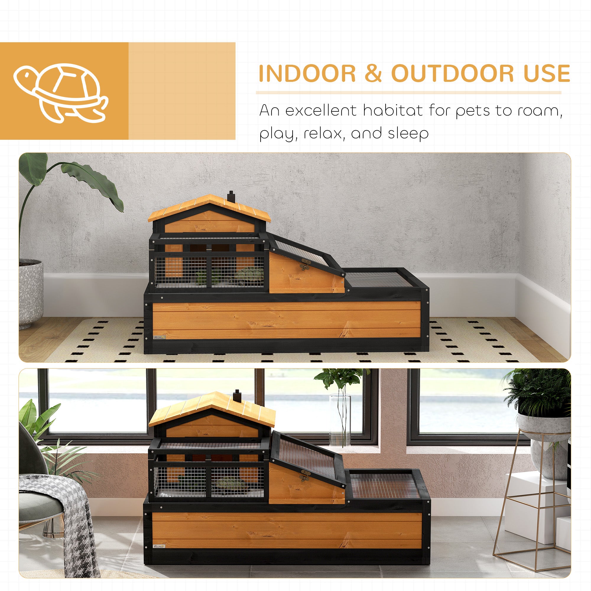 3-Room Tortoise Habitat House w/ Balcony & 2 Stories, 44" x 25.5" x 25", Yellow - Yellow - Image 8