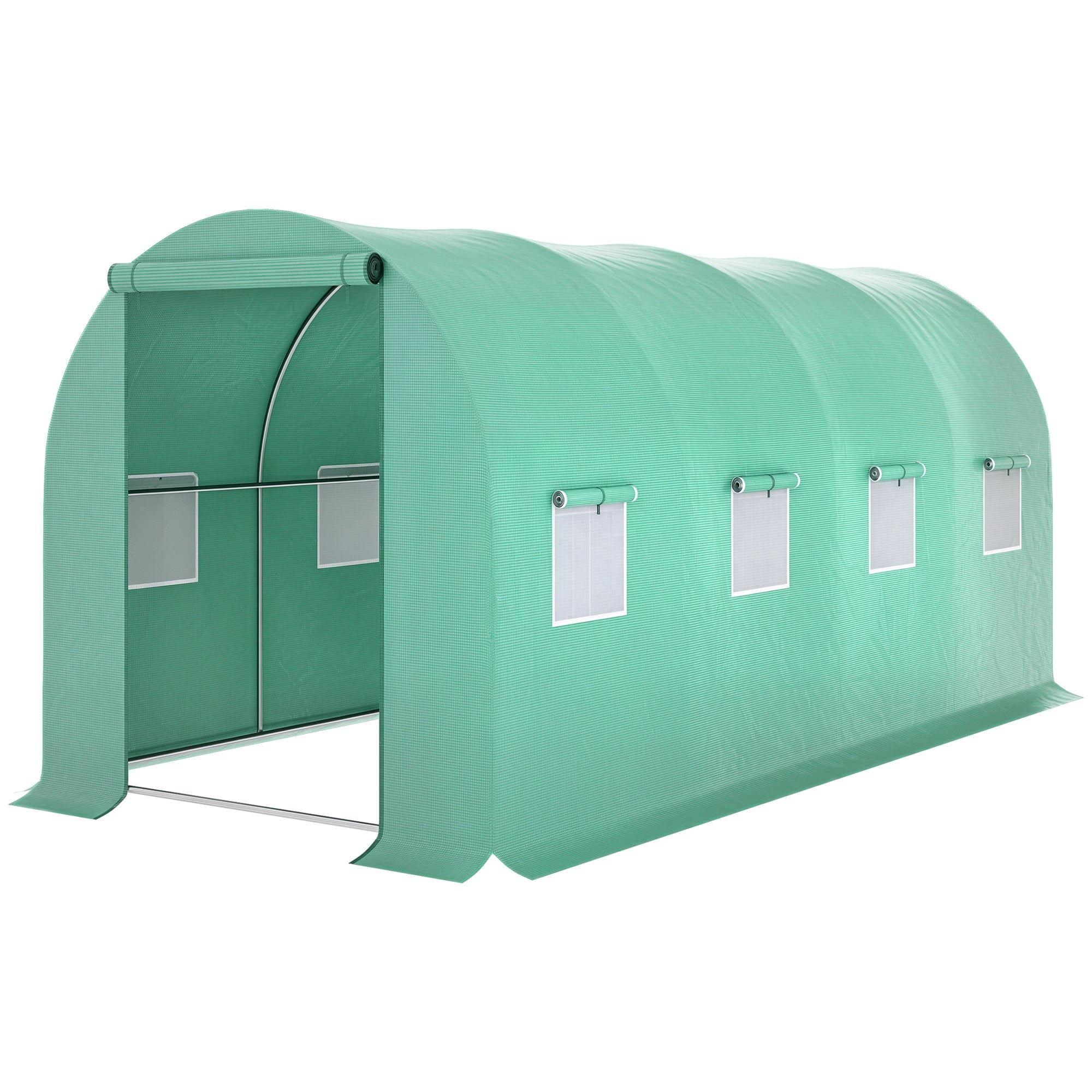 15' x 7' x 6.5' Walk-in Tunnel Hoop Greenhouse, Green House for Outside with PE Cover, Steel Frame, Roll-Up Zipper Door & Windows for Flowers, Vegetables, Tropical Plants, Green - Green