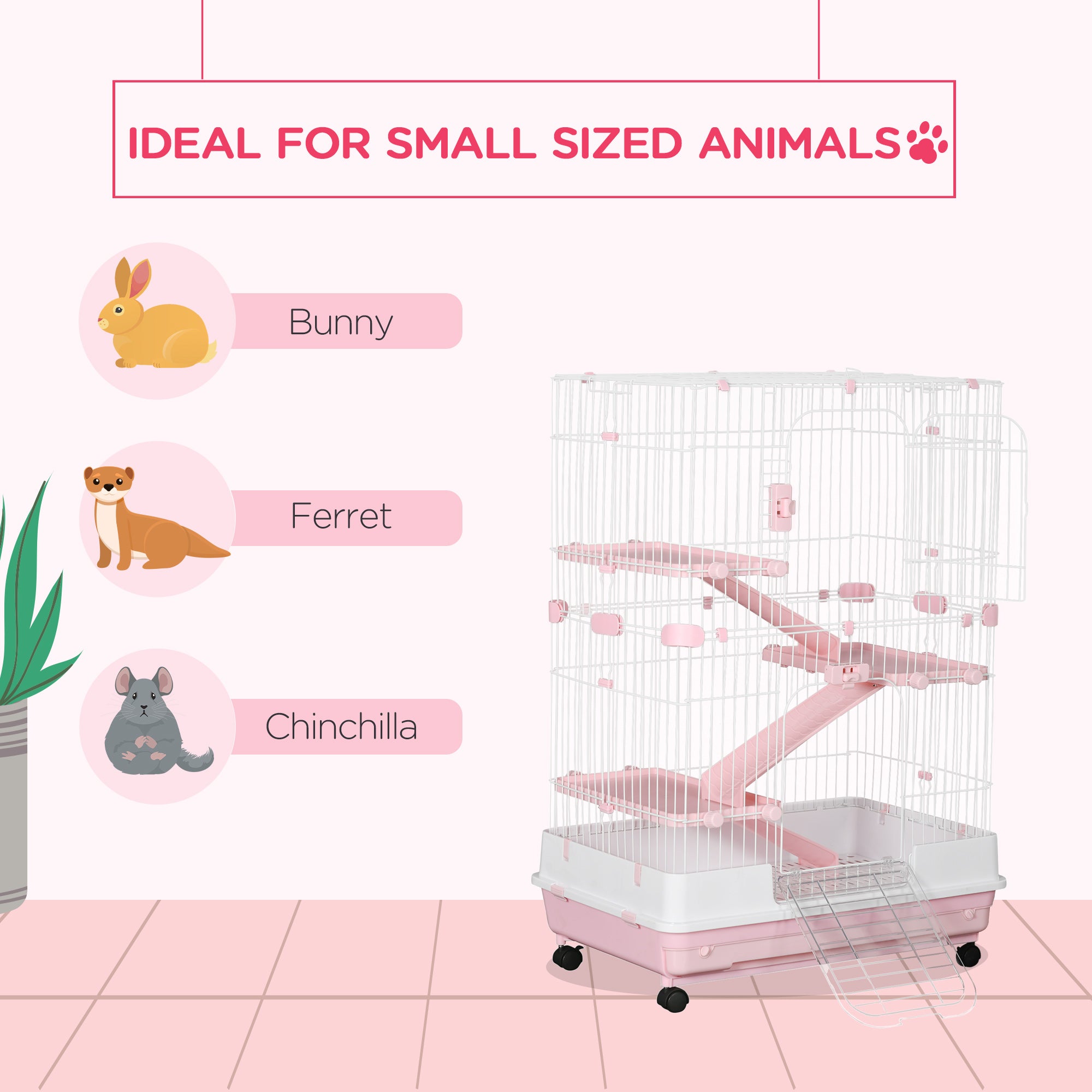 32"L 4-Level Small Animal Cage Rabbit Hutch with Wheels, Slide-out Tray for Bunny, Chinchillas, Ferret, Pink - Pink - Image 6