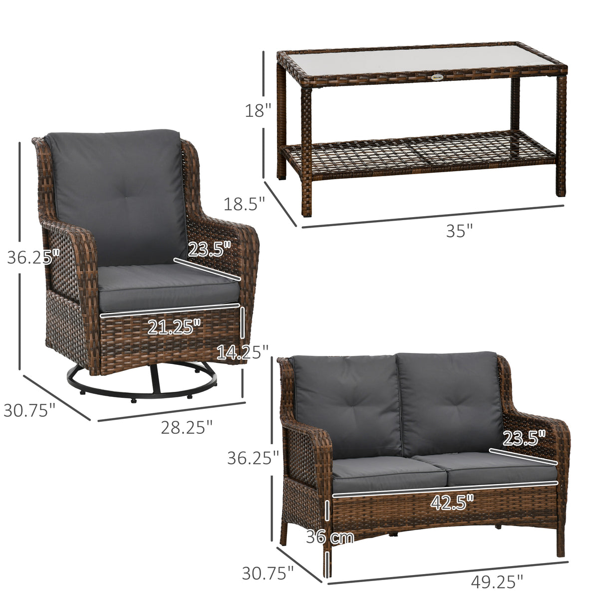 4 Piece PE Rattan Outdoor Patio Furniture Set, Wicker Conversation Set with 2 Swivel Glider Chairs, 2-Tier Glass Table and Loveseat for Garden, Patio, Poolside, Gray