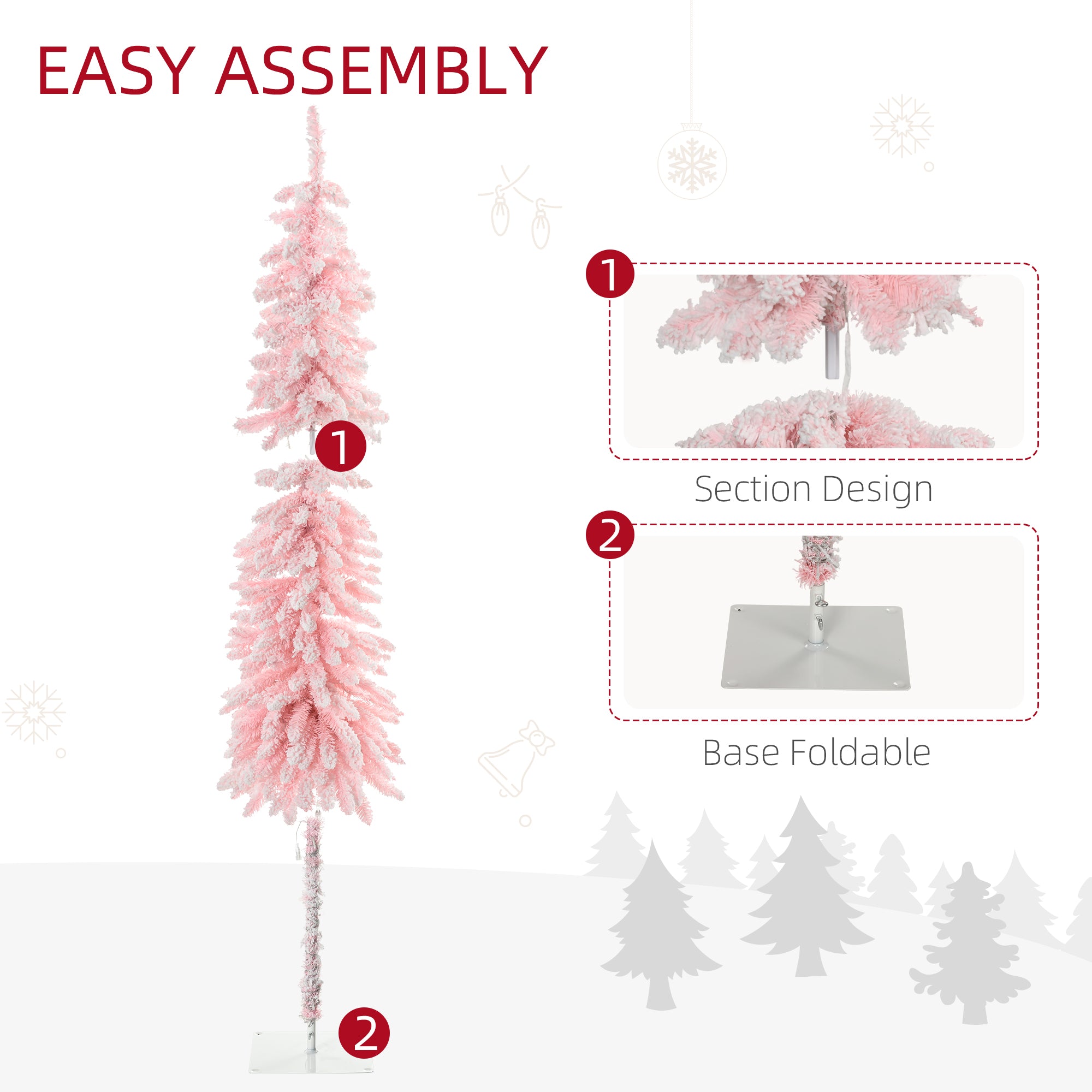 7' Flocked Christmas Trees, Pencil Prelit Artificial Christmas Tree with Snow Downswept Branches, Pink
