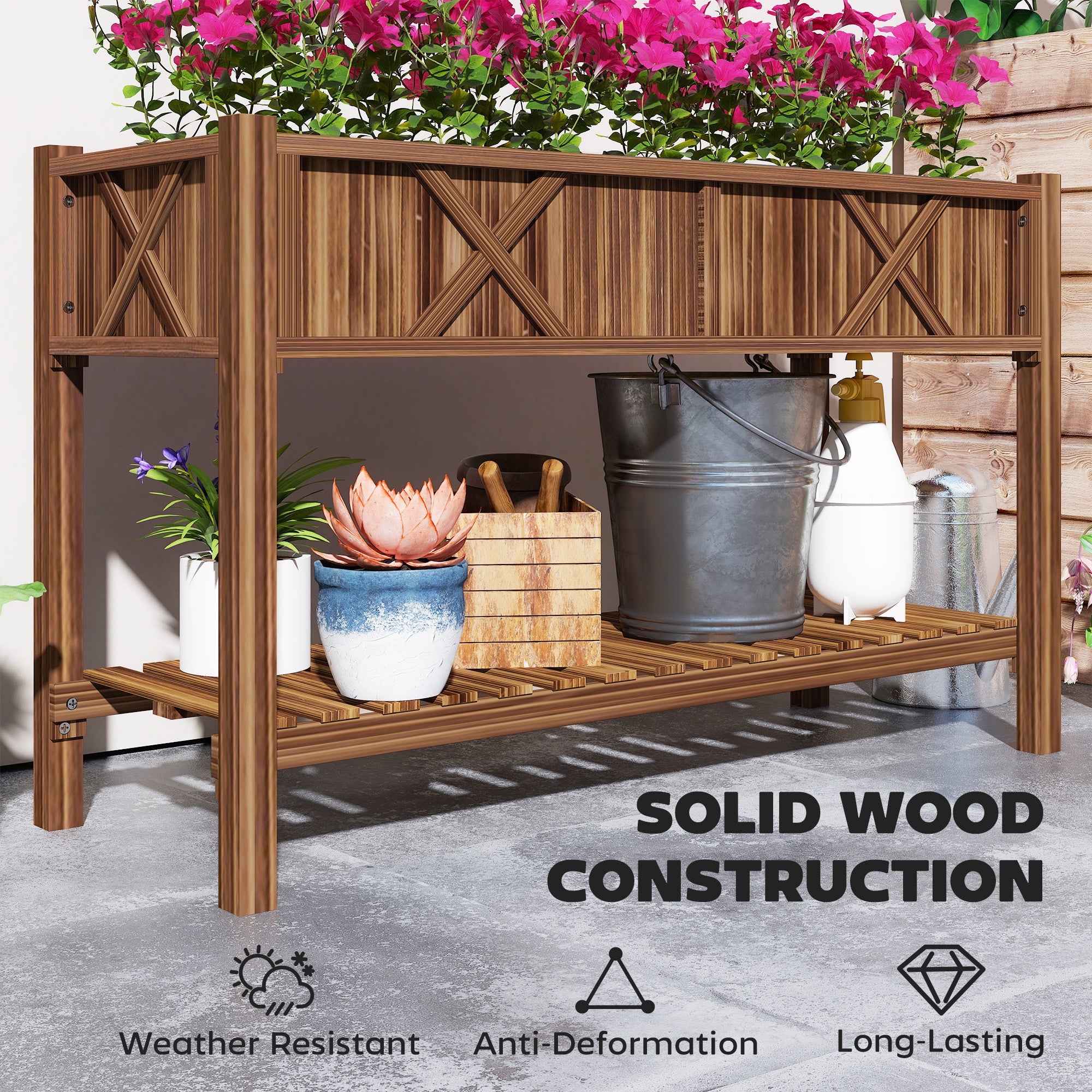 Raised Garden Bed, 47 x 22 x 31.5 in Elevated Wood Planter Box with Storage Shelf, Drainage Holes and Liner, Carbonized - Carbonized - Image 7