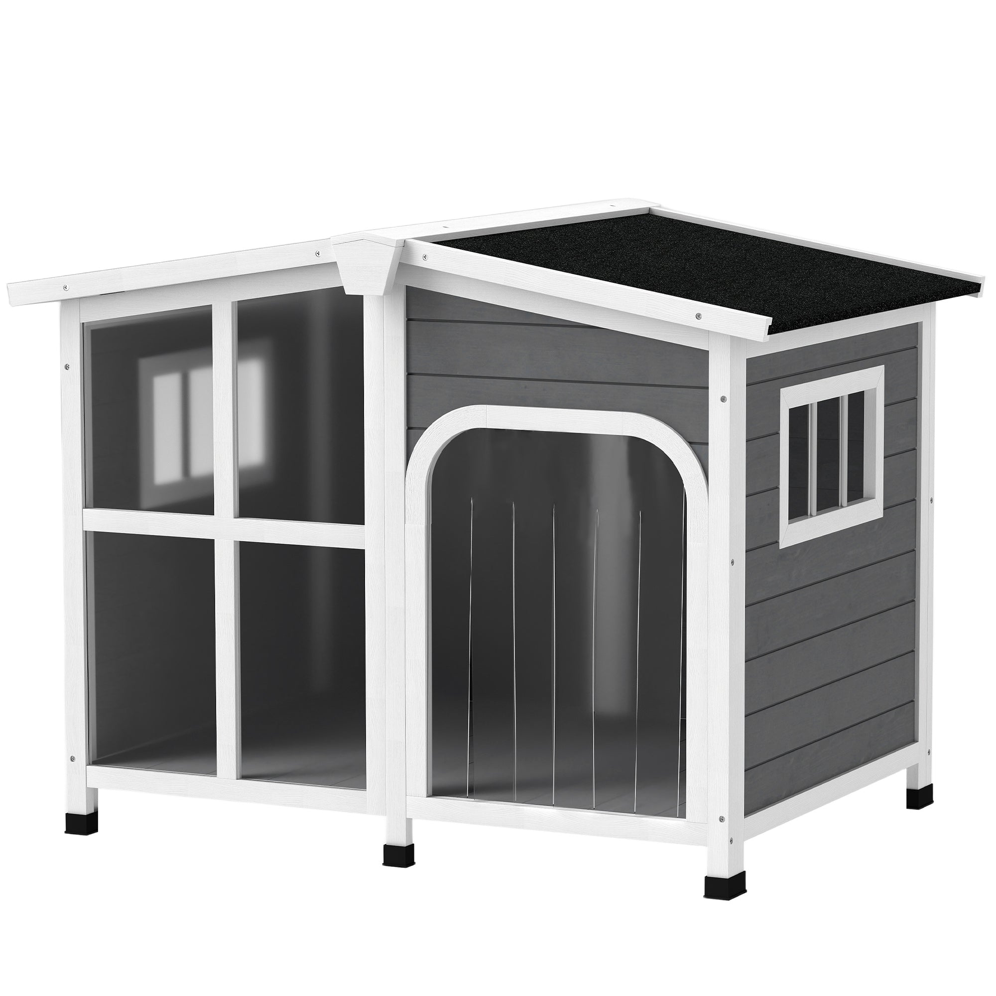 Cabin-Style Wooden Dog House for Large Dogs with Openable Roof & Giant Window, Dark Gray - Dark Gray