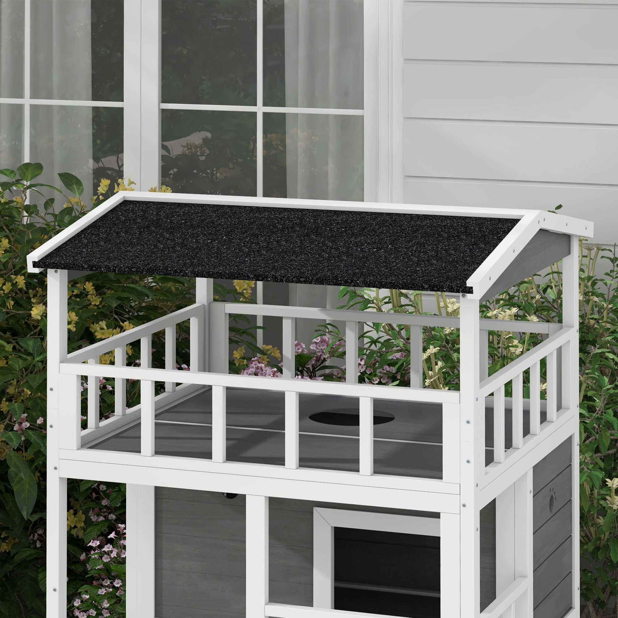 Wooden Outdoor Cat House with Asphalt Roof, Escape Doors, Condo, Jumping Platform, Light Gray - Light Gray - Image 8