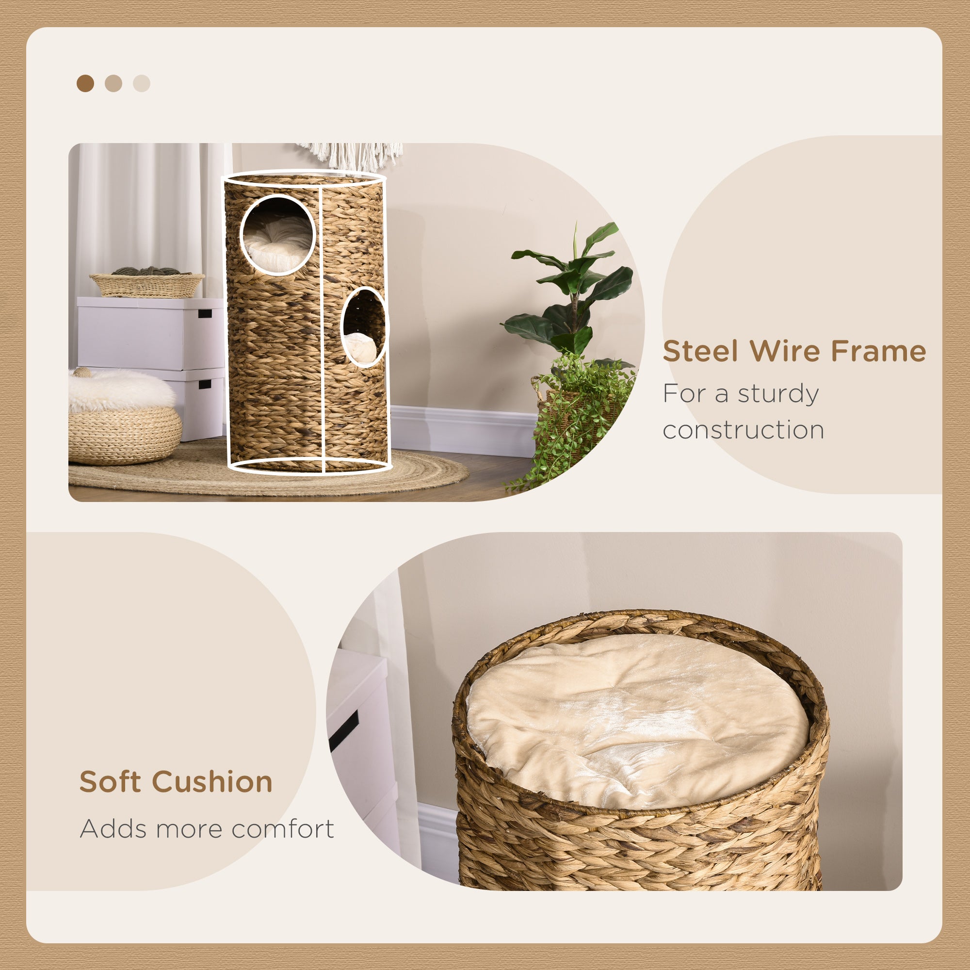 Elevated Cat Bed with Three Hideaways & Four Soft Plush Cushions, Cat Tower with Hand-Woven Materials, Multi-Layer Raised Kitten Bed Caves - Brown - Image 6