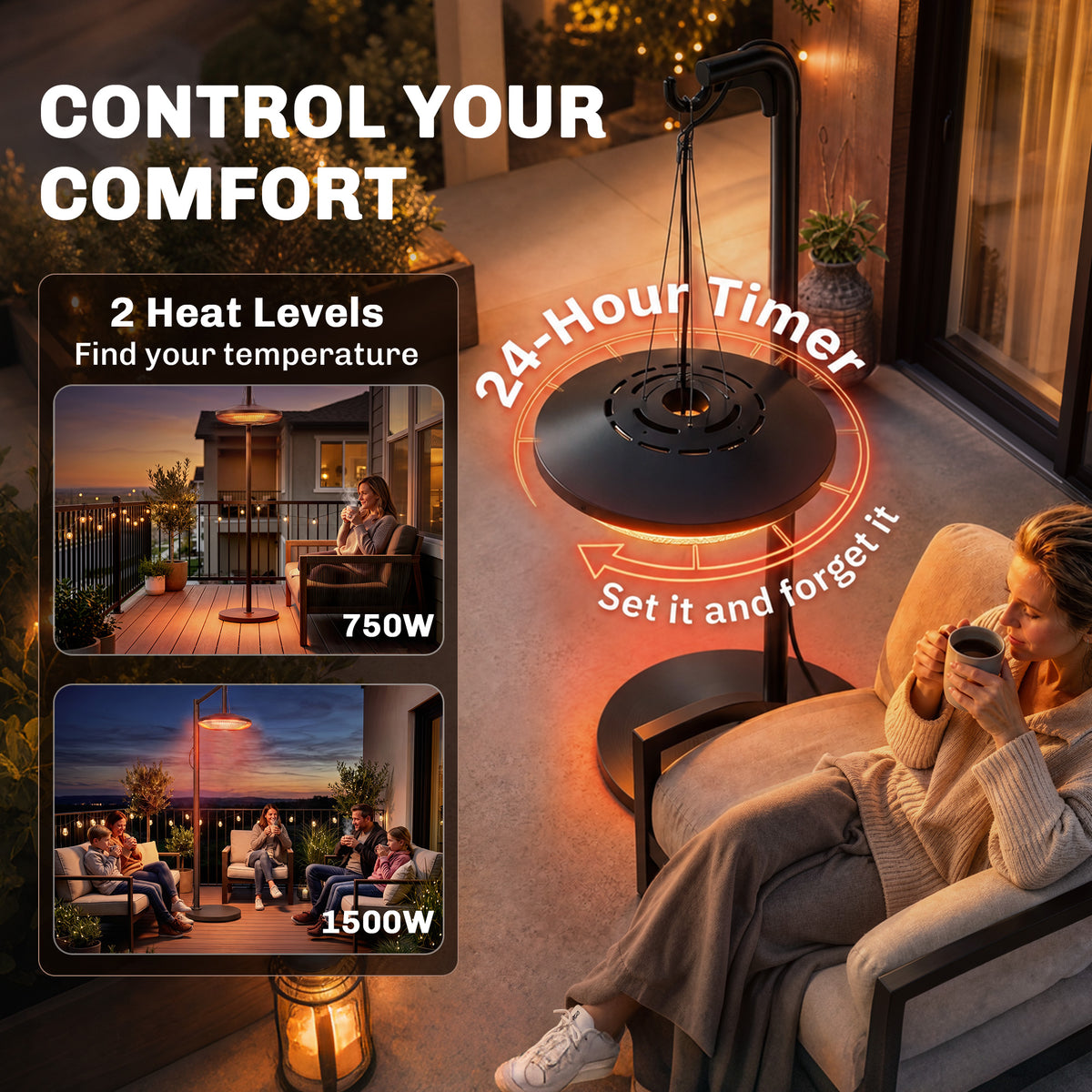 Electric Hanging Patio Heater with LED Light, 750/1500 W IP65 Ceiling Mounted Infrared Outdoor Heater, Black