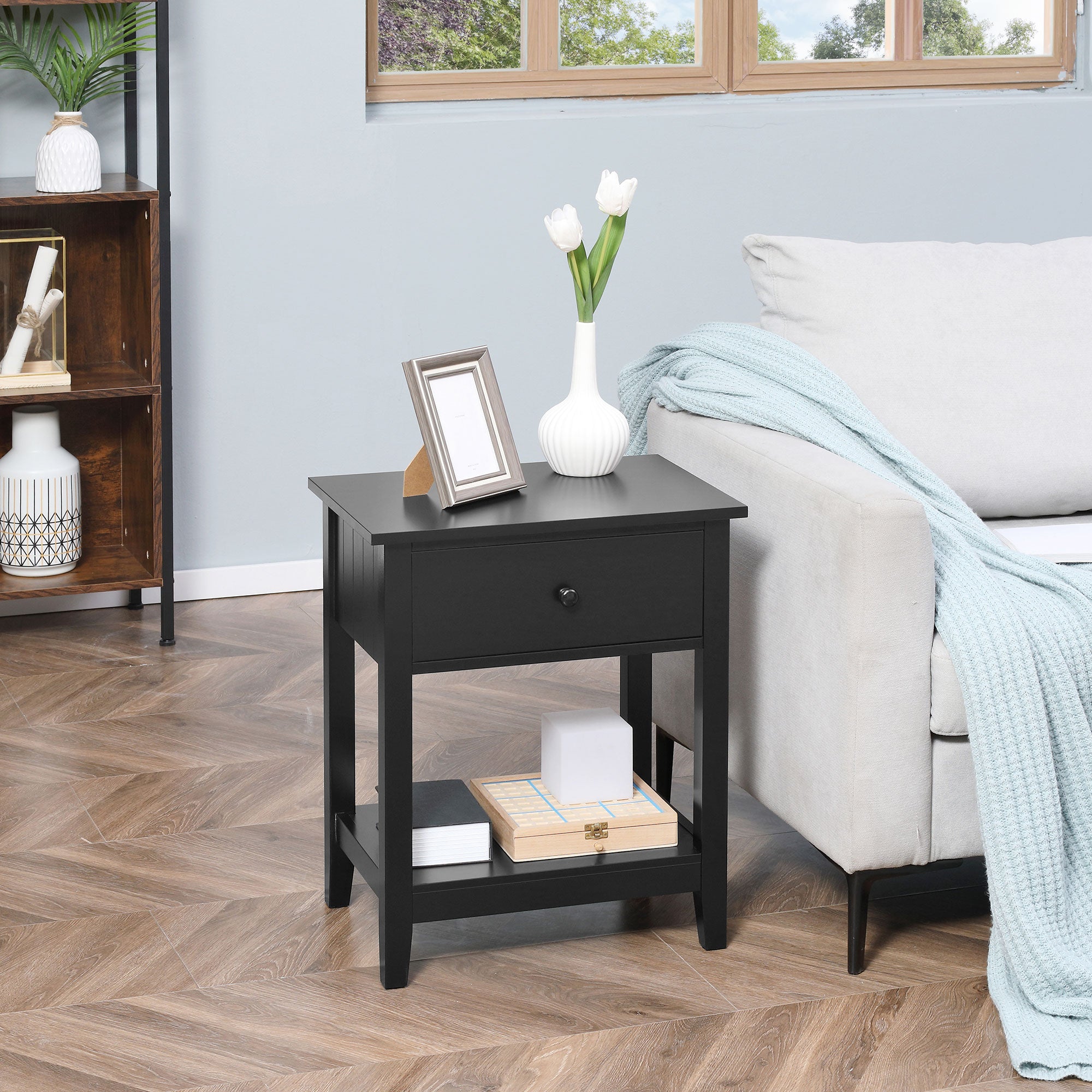 Modern Side Table for Living Room, End Table, 2-tier Side Table with Drawer and Storage Shelf, Black
