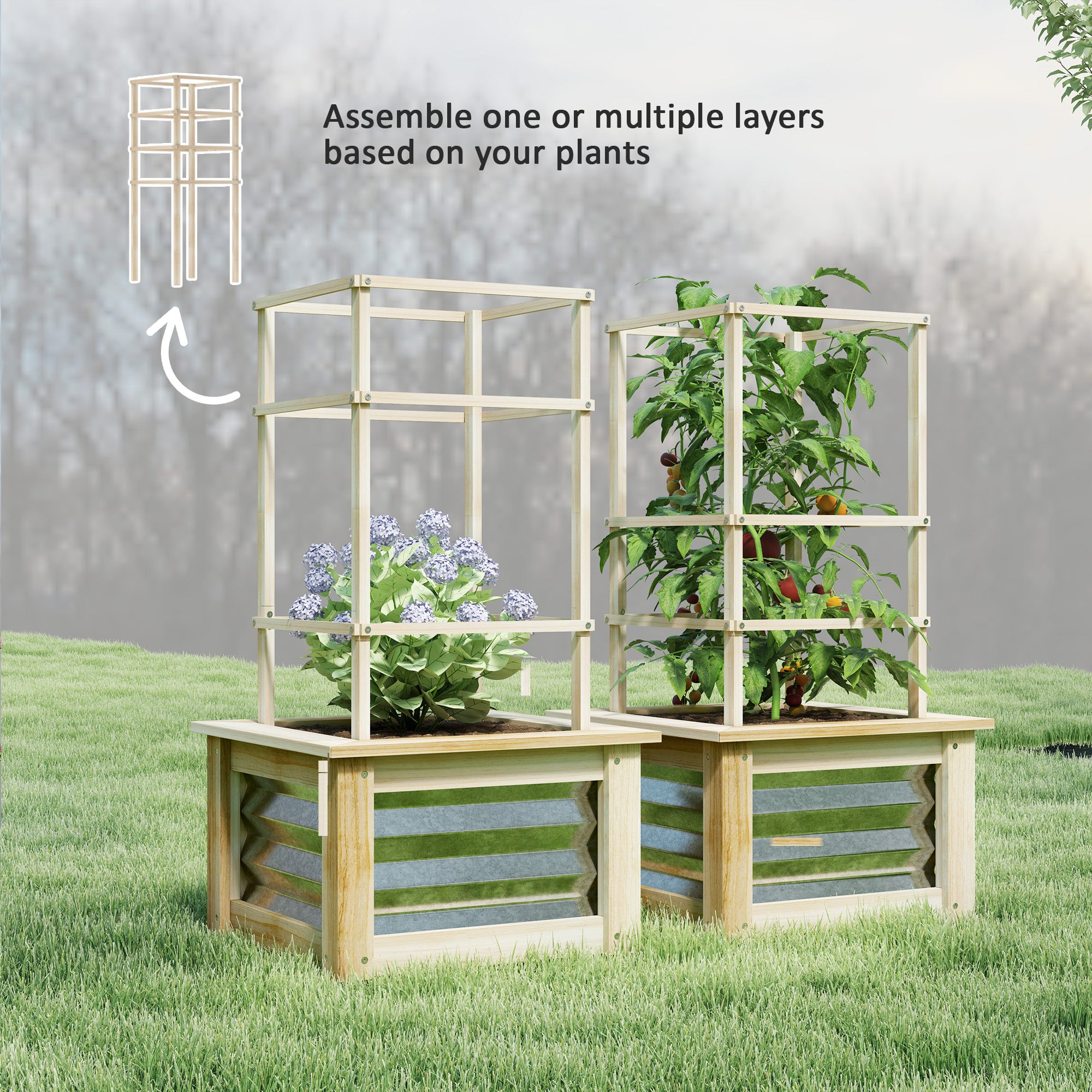 Wooden Raised Garden Bed with Trellis, Galvanized Planter Box Elevated Garden Bed for Garden, Patio, Natural Wood - Natural Wood - Image 5